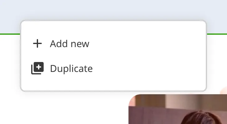 A screenshot of the Visual Editor shows the Context Menu opened from an array item's add control, offering Add new and Duplicate.