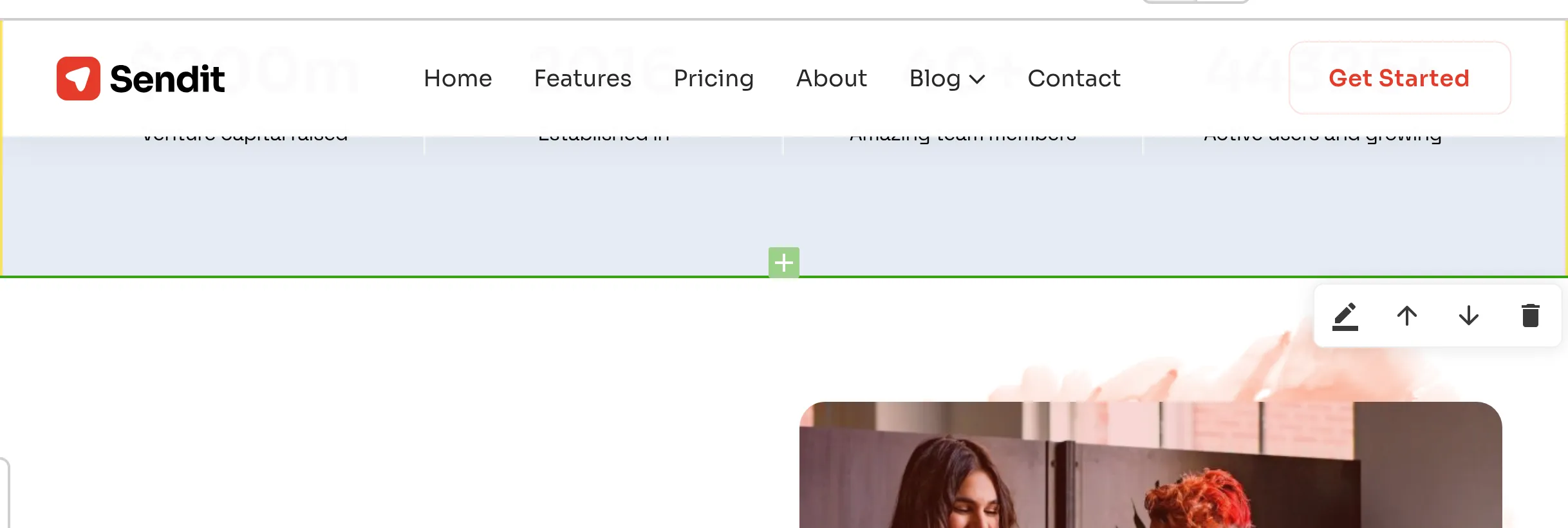 A screenshot of the Visual Editor shows a bound component outlined in green, with a control menu in the top right offering Edit, Move Up, Move Down, and Remove, and an add control sitting on the outline above it.