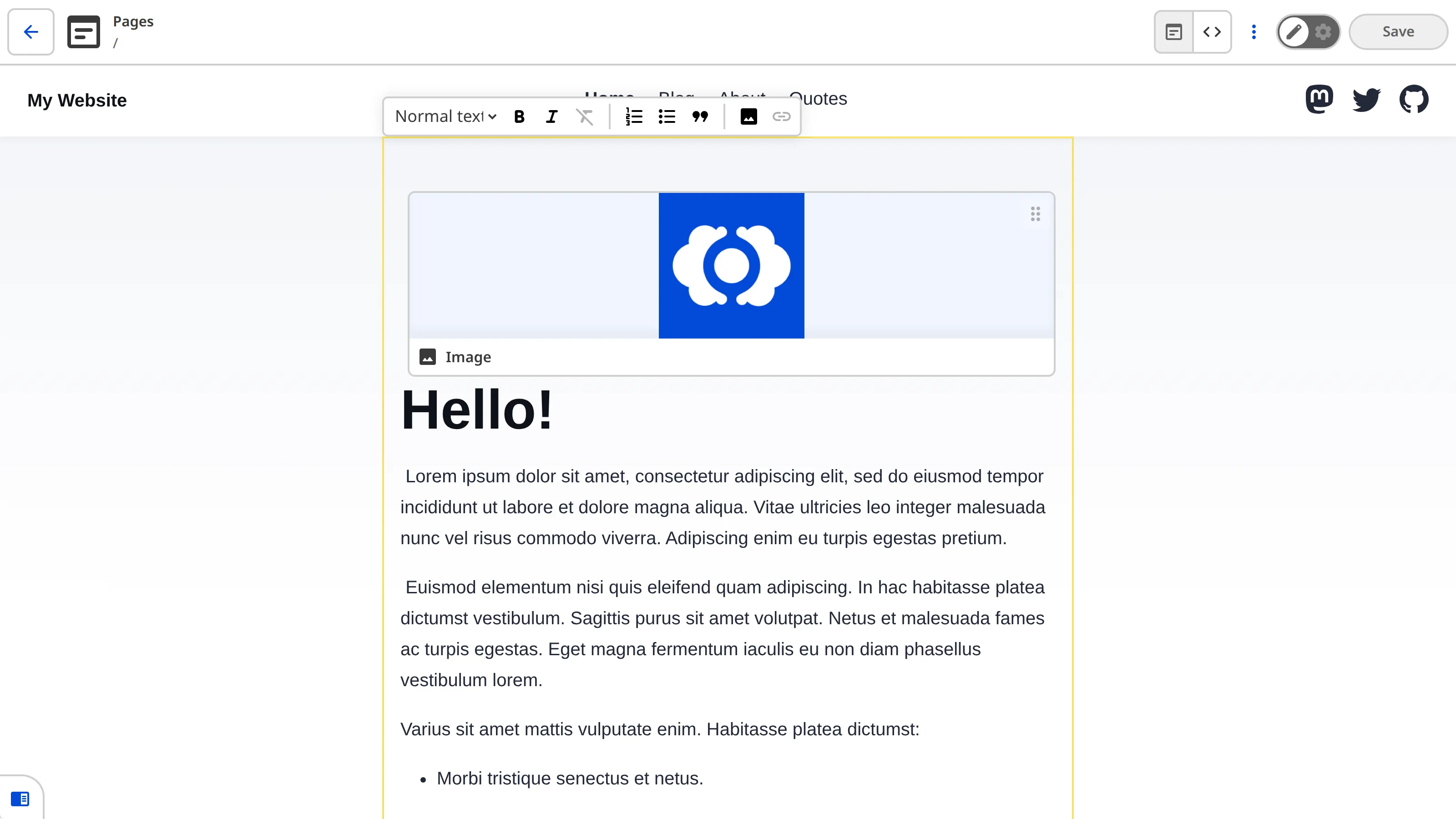A screenshot of the Visual Editor shows a yellow Editable Region box around the main content on the Home webpage, with a WYSIWYG toolbar and the image shown as an Image card.