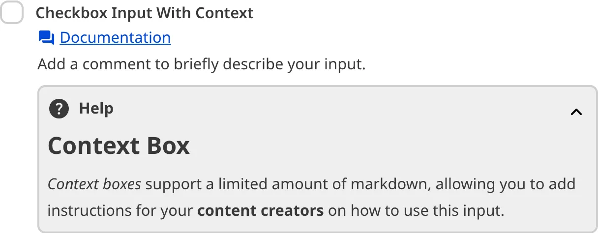 A screenshot of the Checkbox Boolean input in the Data Editor shows the label, comment, and context general configuration options.
