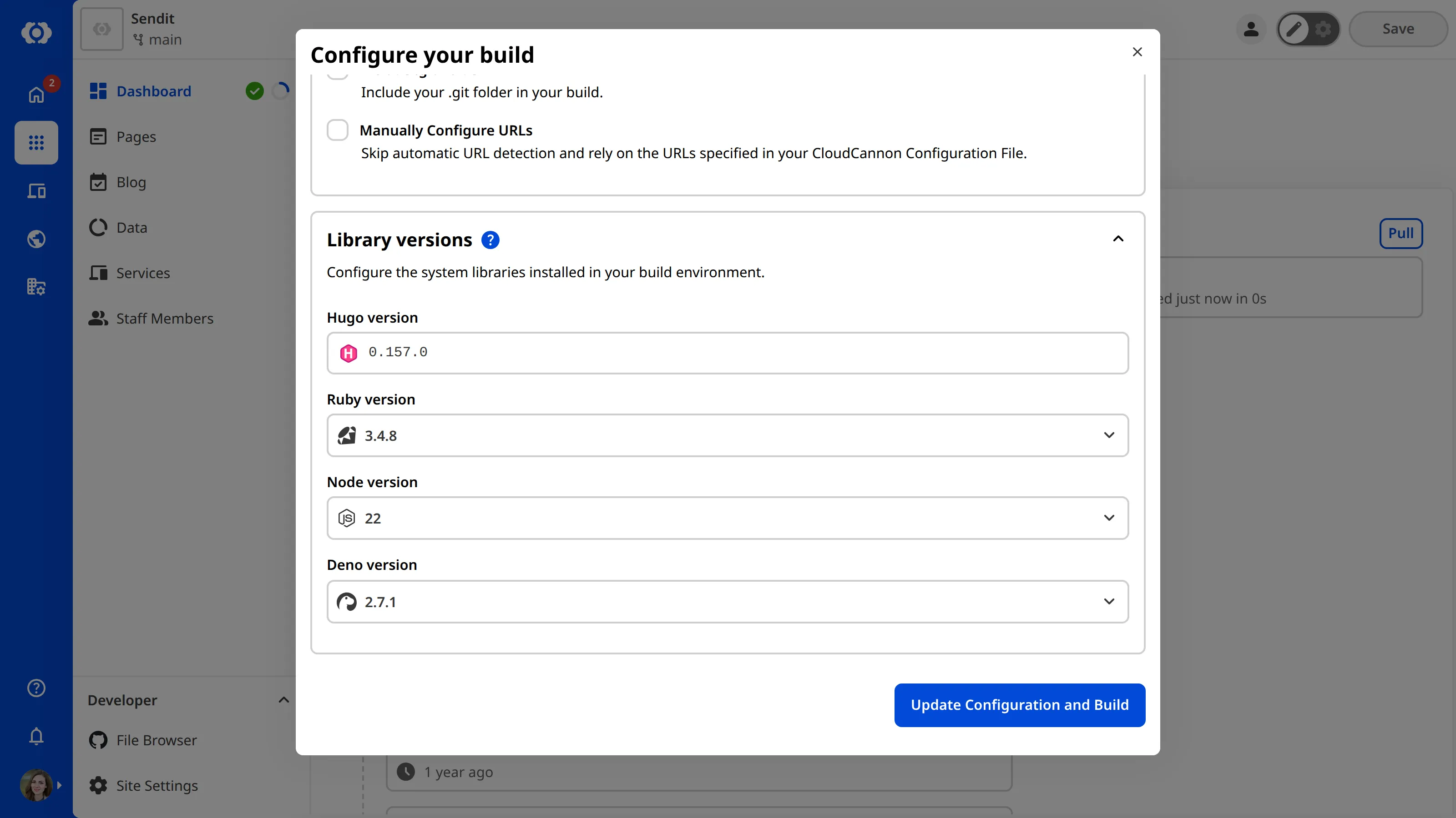A screenshot of the Configure your build modal shows the library versions for Hugo, Ruby, Node, and Deno.