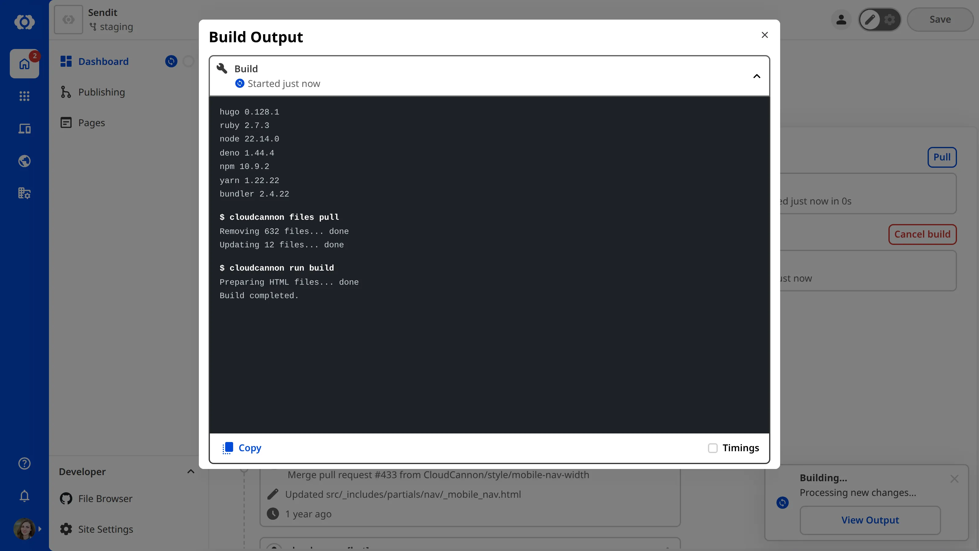 A screenshot of the Content Editor with the Build Terminal modal open shows the progress of the current Site build.