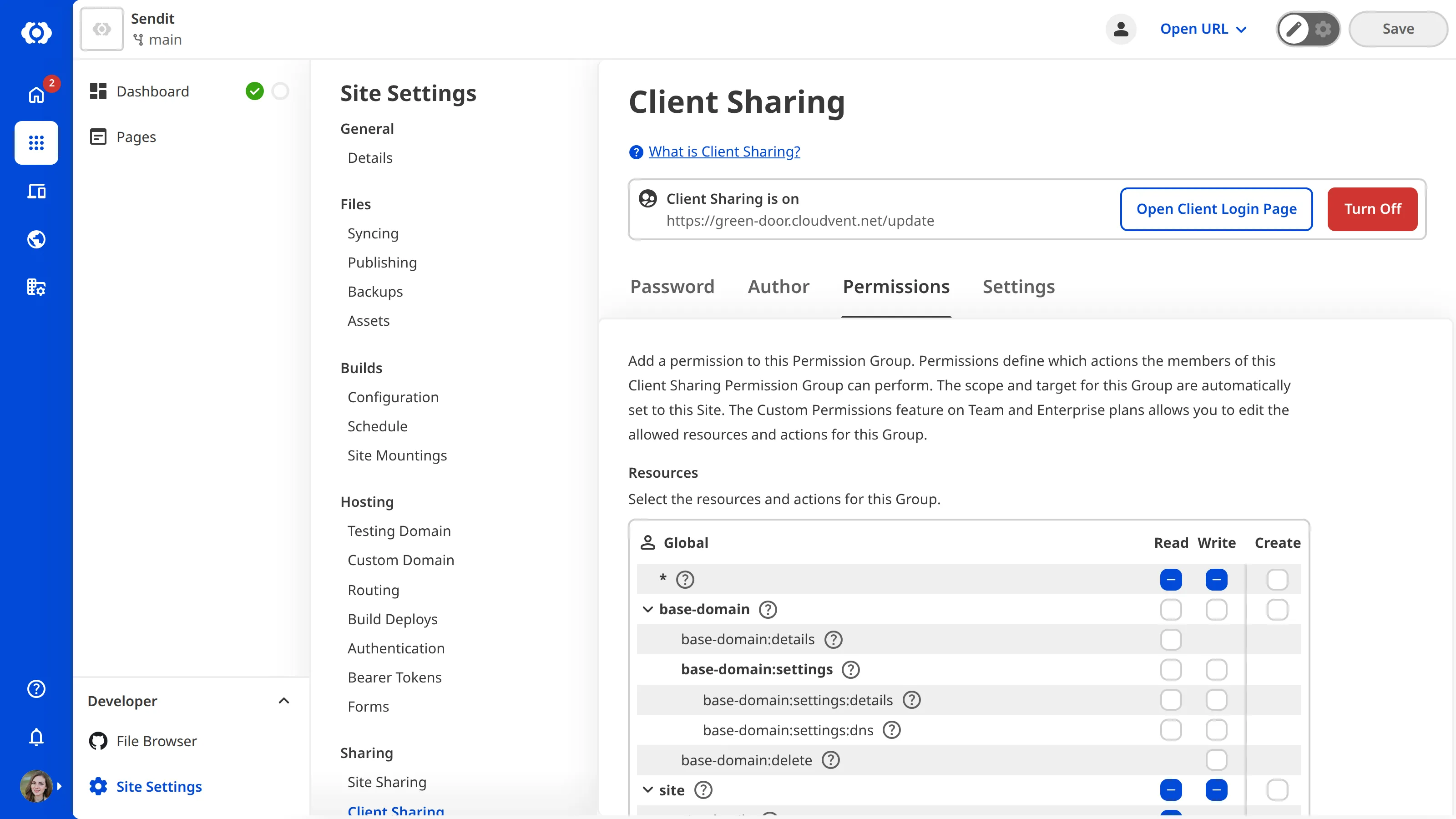 A screenshot of the Permissions tab on the Client Sharing page shows the resources and actions Clients are permitted to take for this Site.