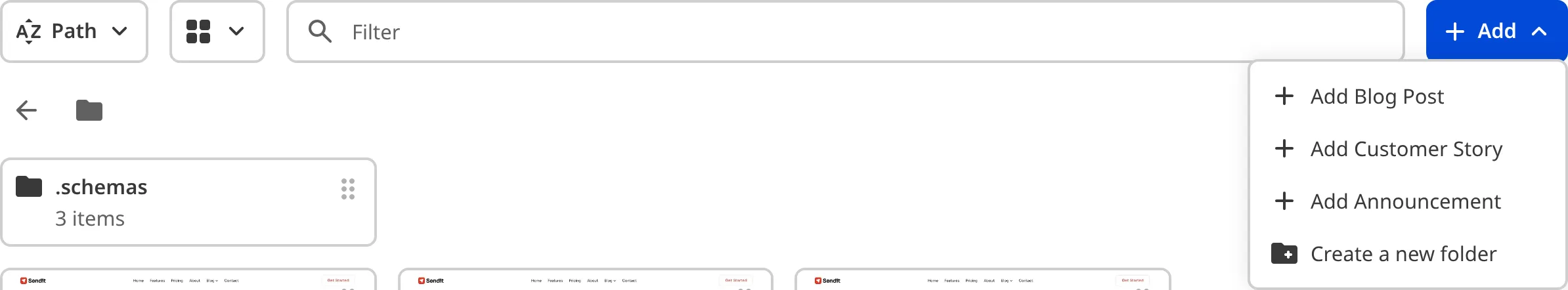 A closeup of the Collection Browser shows the controls bar and multiple options in the Add dropdown.
