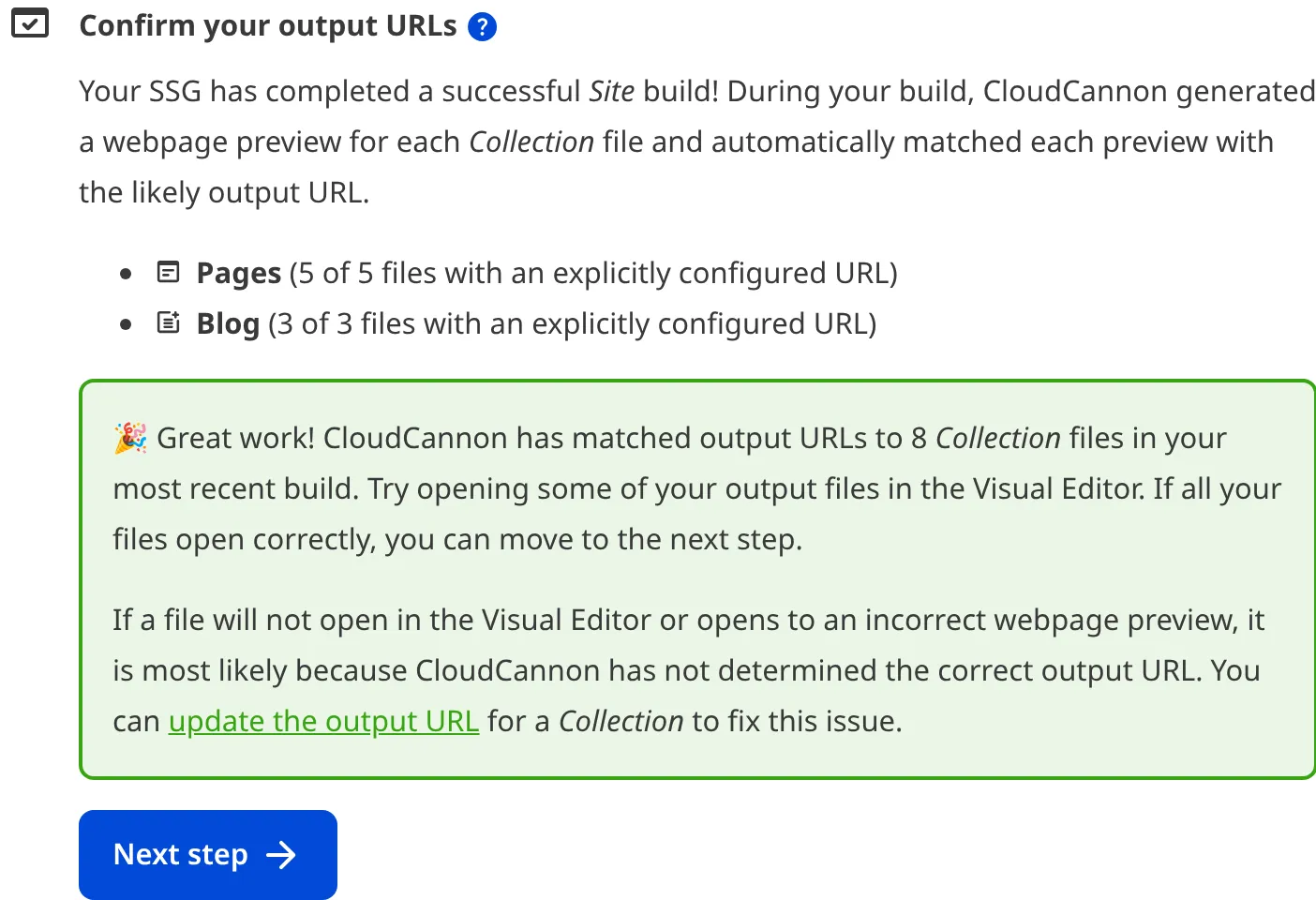 A screenshot of the Confirm your output files task shows two collections with eight output files.