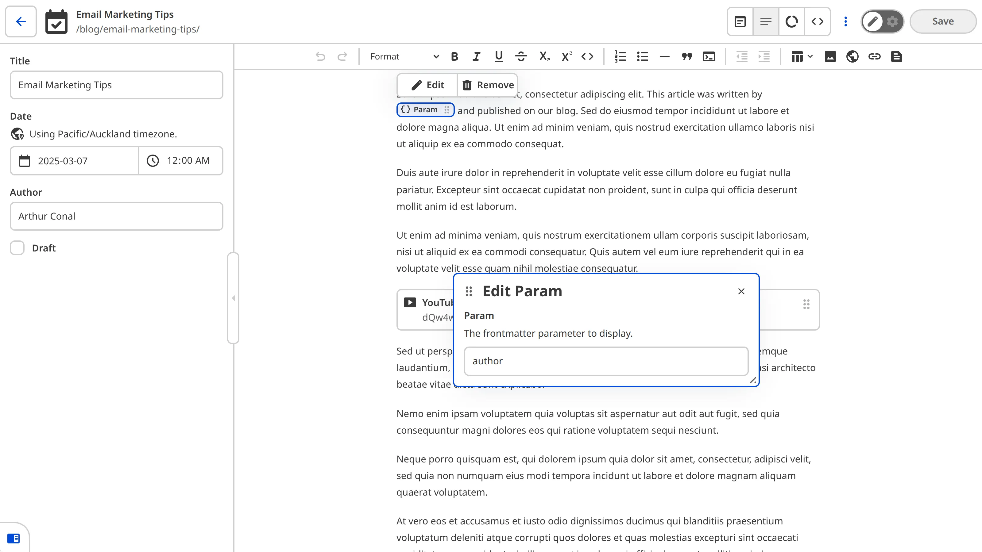 A screenshot of the Content Editor shows a blog post with an inline Param Snippet within a paragraph of text and the Snippet data panel open for editing.