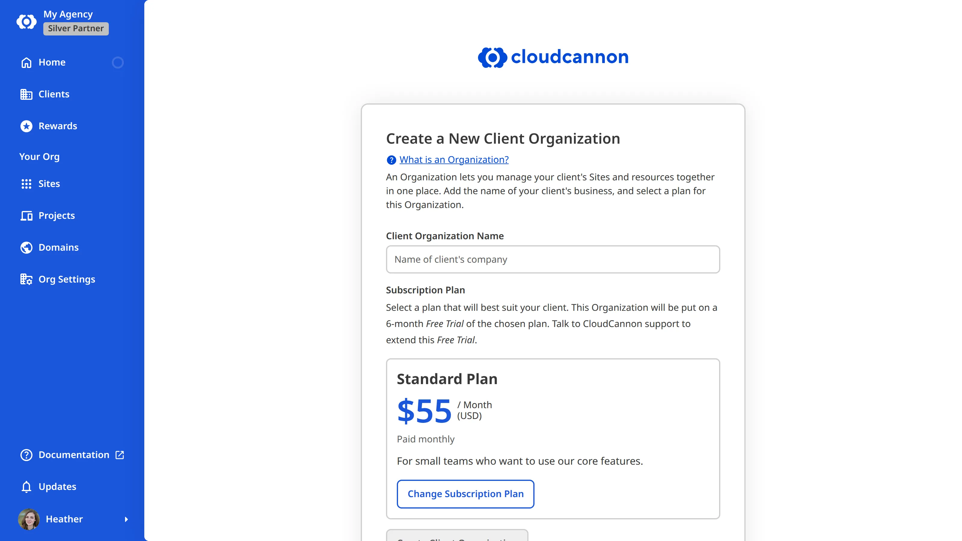 A screenshot of the Create a new Client Organization page shows a filed for Org name, Unified Configuration, and pricing plan.