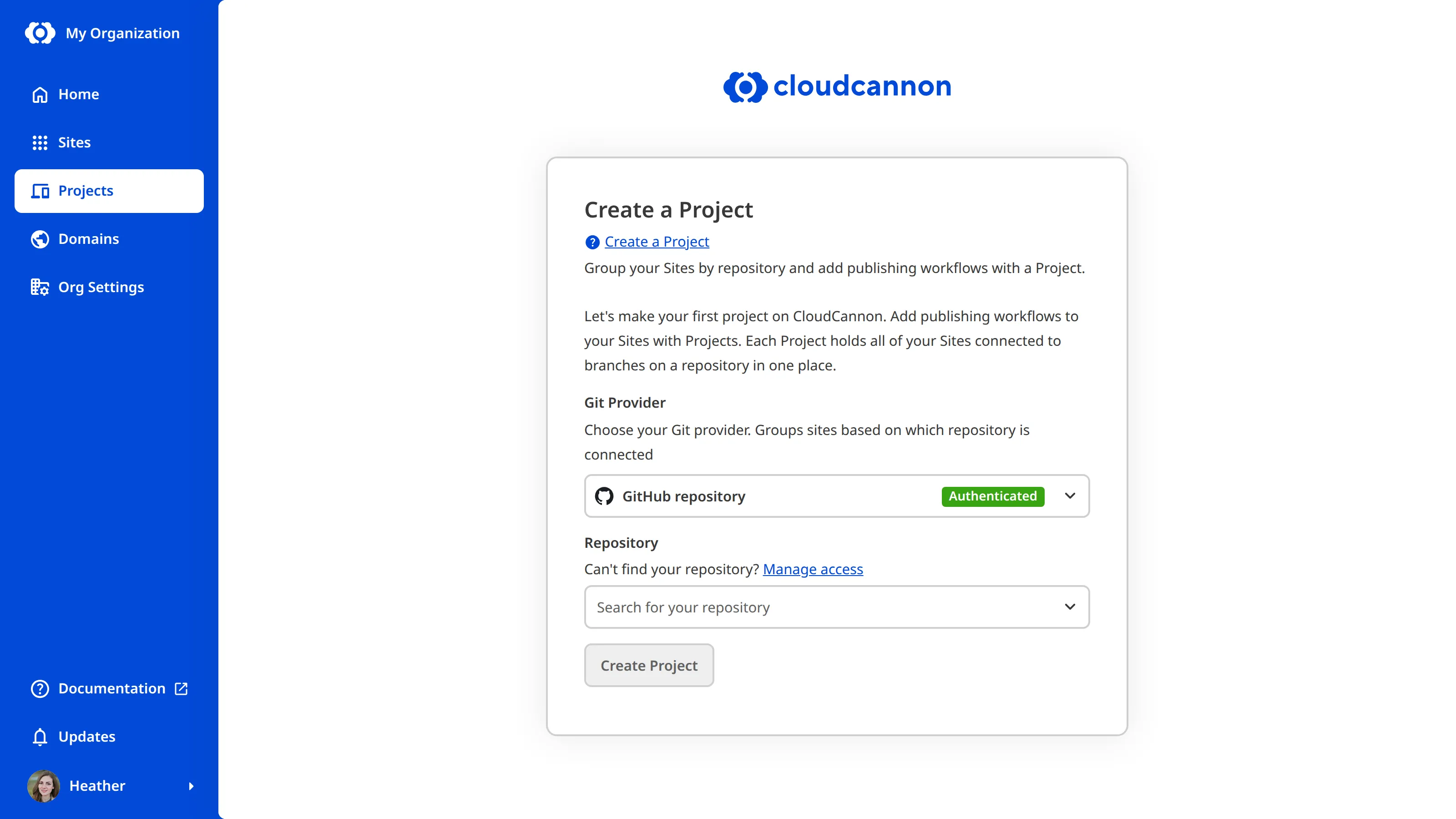 A screenshot of the Create a Project page shows fields for Git Provider, Repository, Main Branch, and other settings.