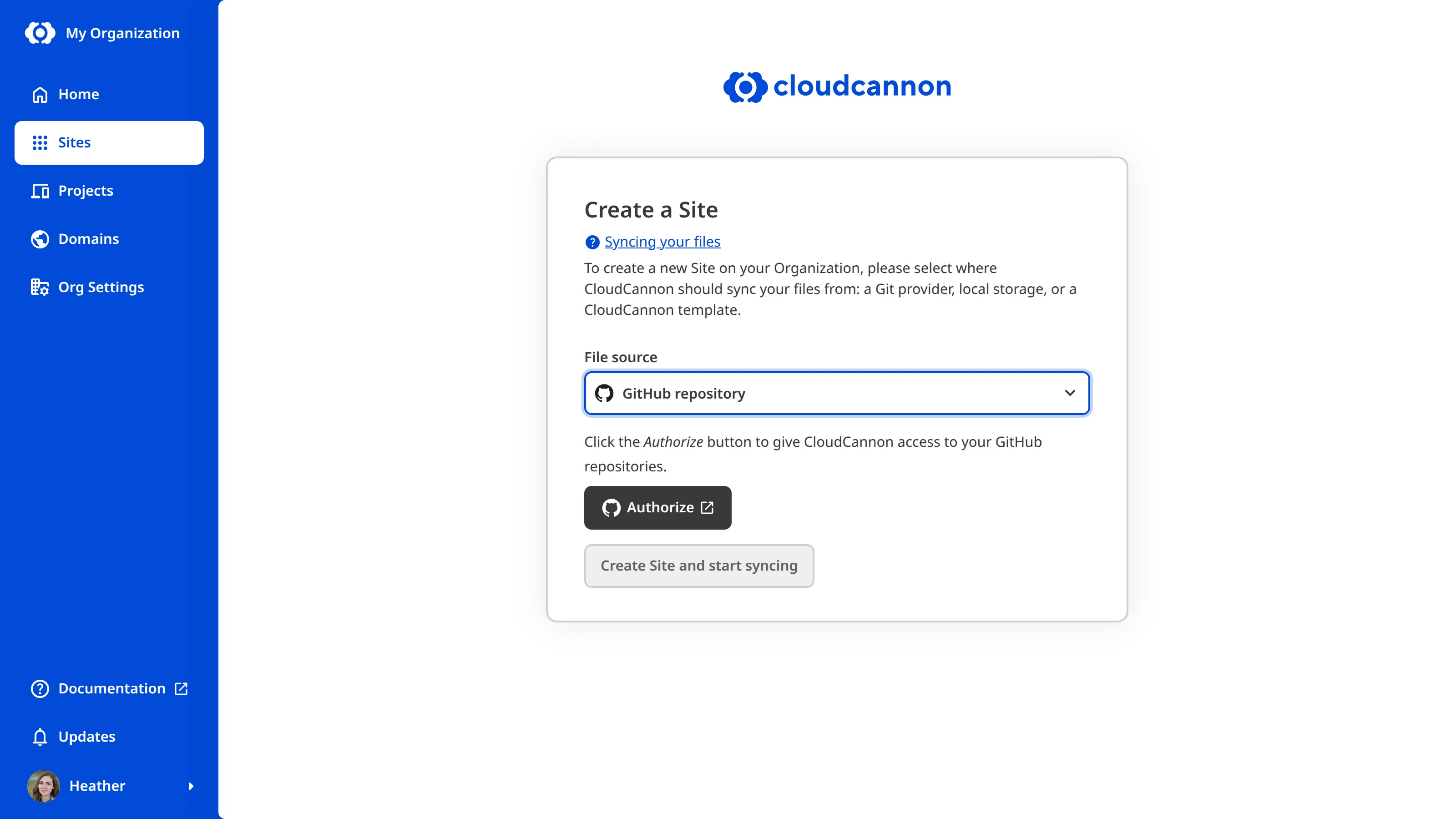 A screenshot of the Create a Site page shows an Authenticate button to approve CloudCannon's access to GitHub.