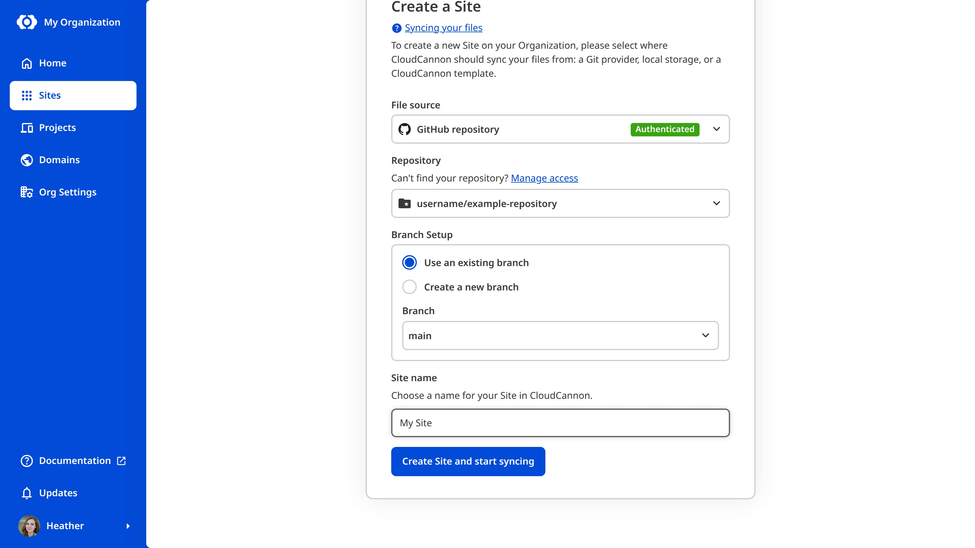 A screenshot of the Create a Site page shows the File source, Repository, Branch, and Site name fields completed.