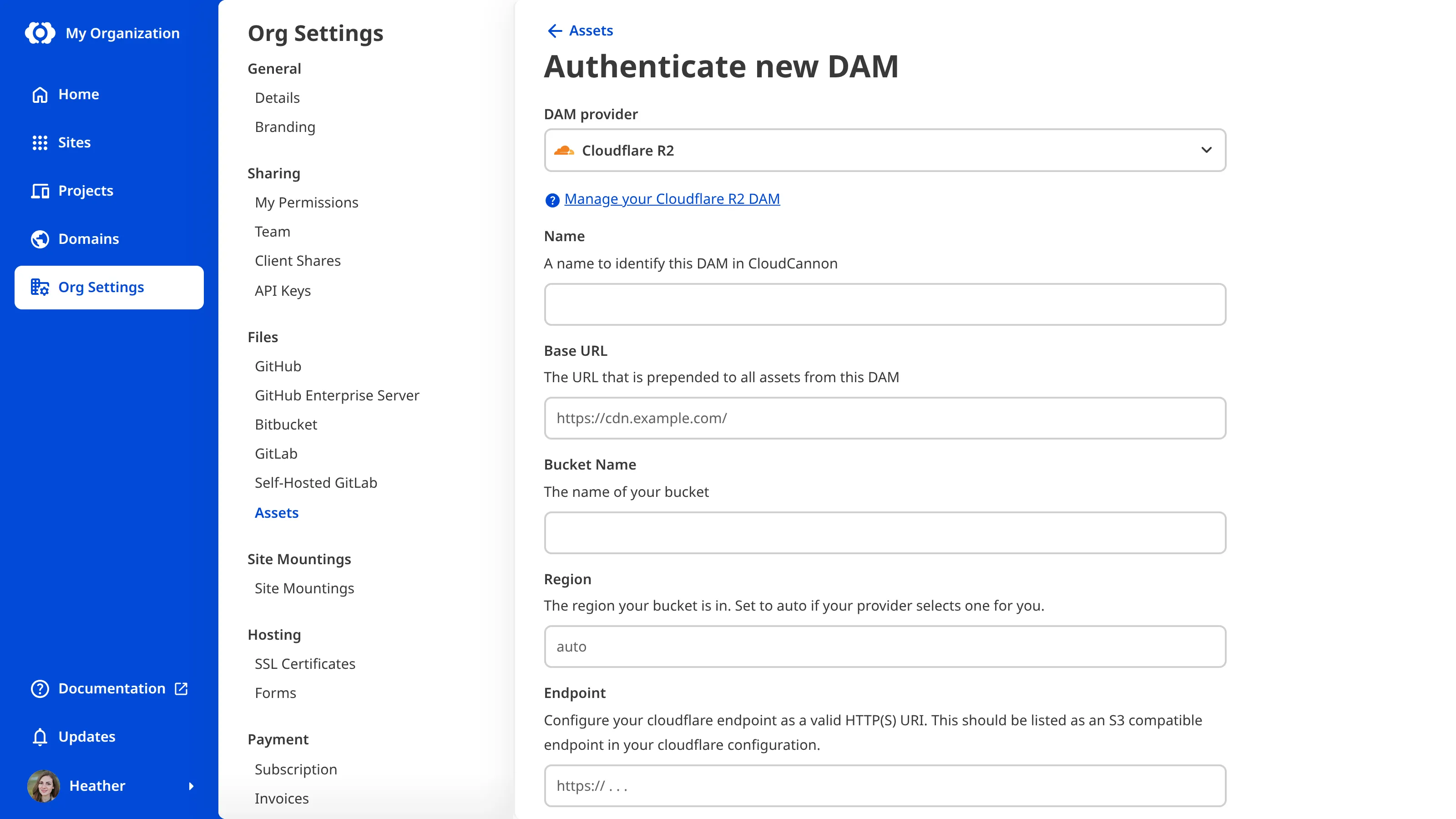Screenshot of the CloudCannon form for authenticating an R2 DAM