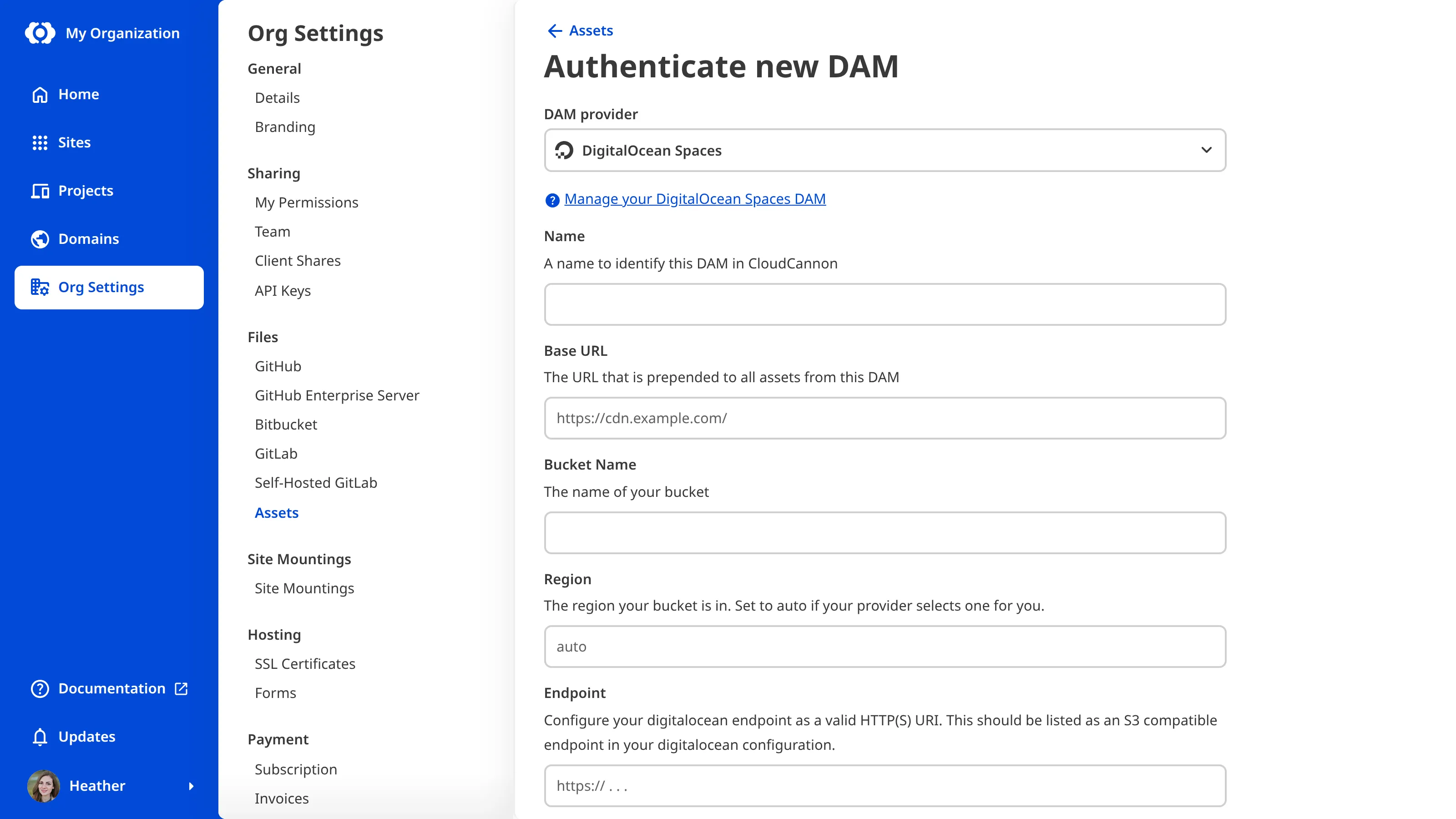 The form for authenticating a DigitalOcean DAM Screenshot of the CloudCannon form for authenticating a DigitalOcean DAM