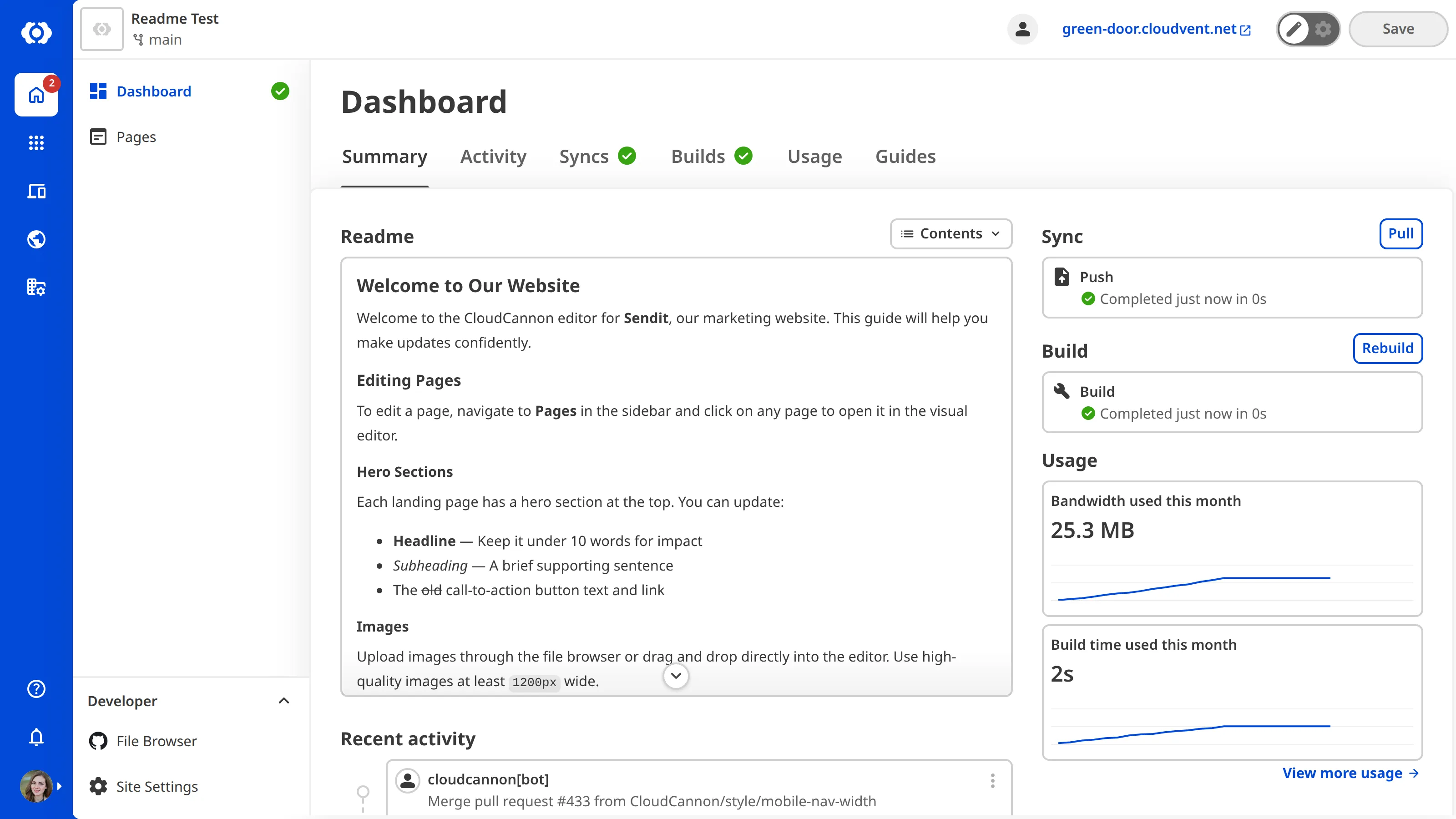 A screenshot of the Site Dashboard shows custom Markdown content at the top of the Summary tab.