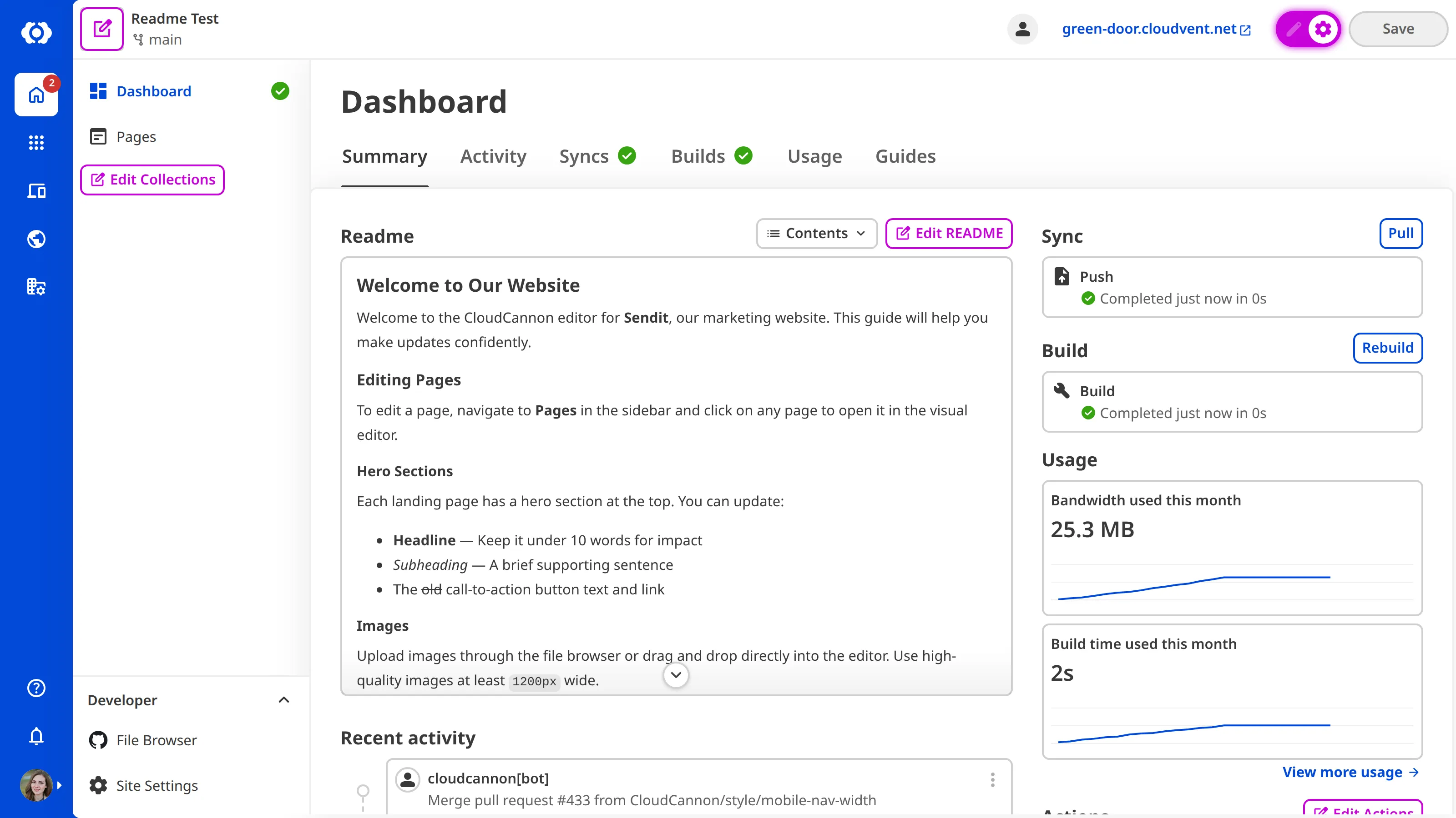 A screenshot of the Site Dashboard with Configuration Mode on shows a purple Edit README button.