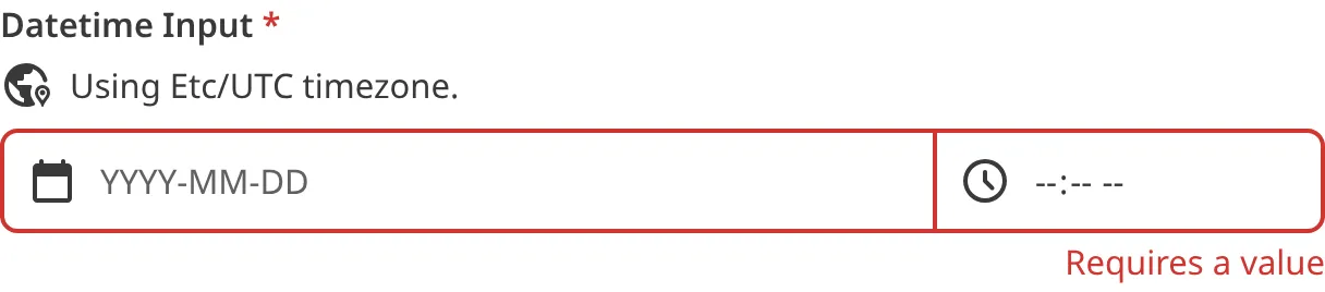 A screenshot of the Datetime input in the Data Editor shows that no value is causing an input validation error.