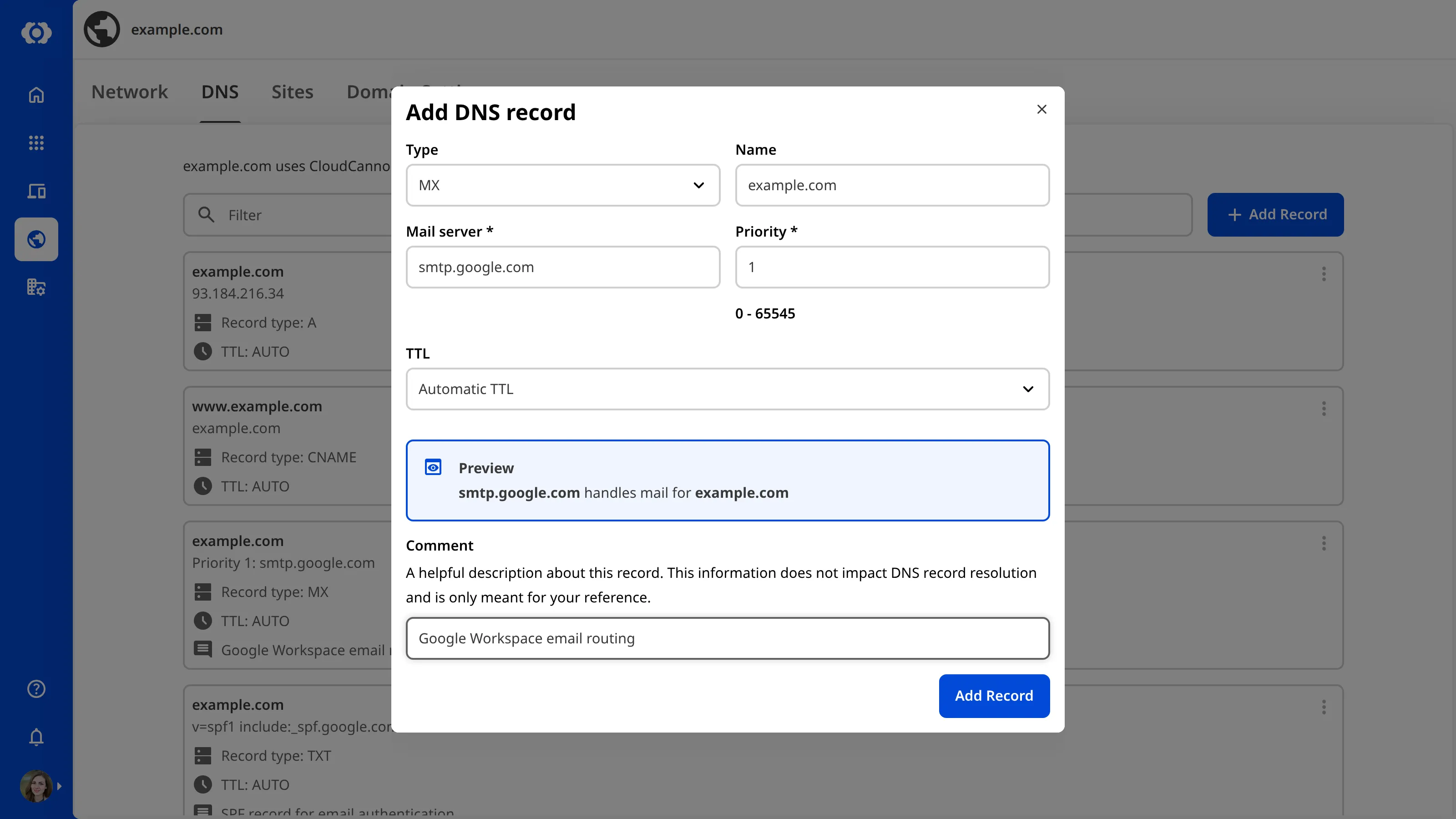 A screenshot of the DNS tab on the Domain page showing the Add DNS Record modal with fields for Type, Name, IPv4 Address and TTL.