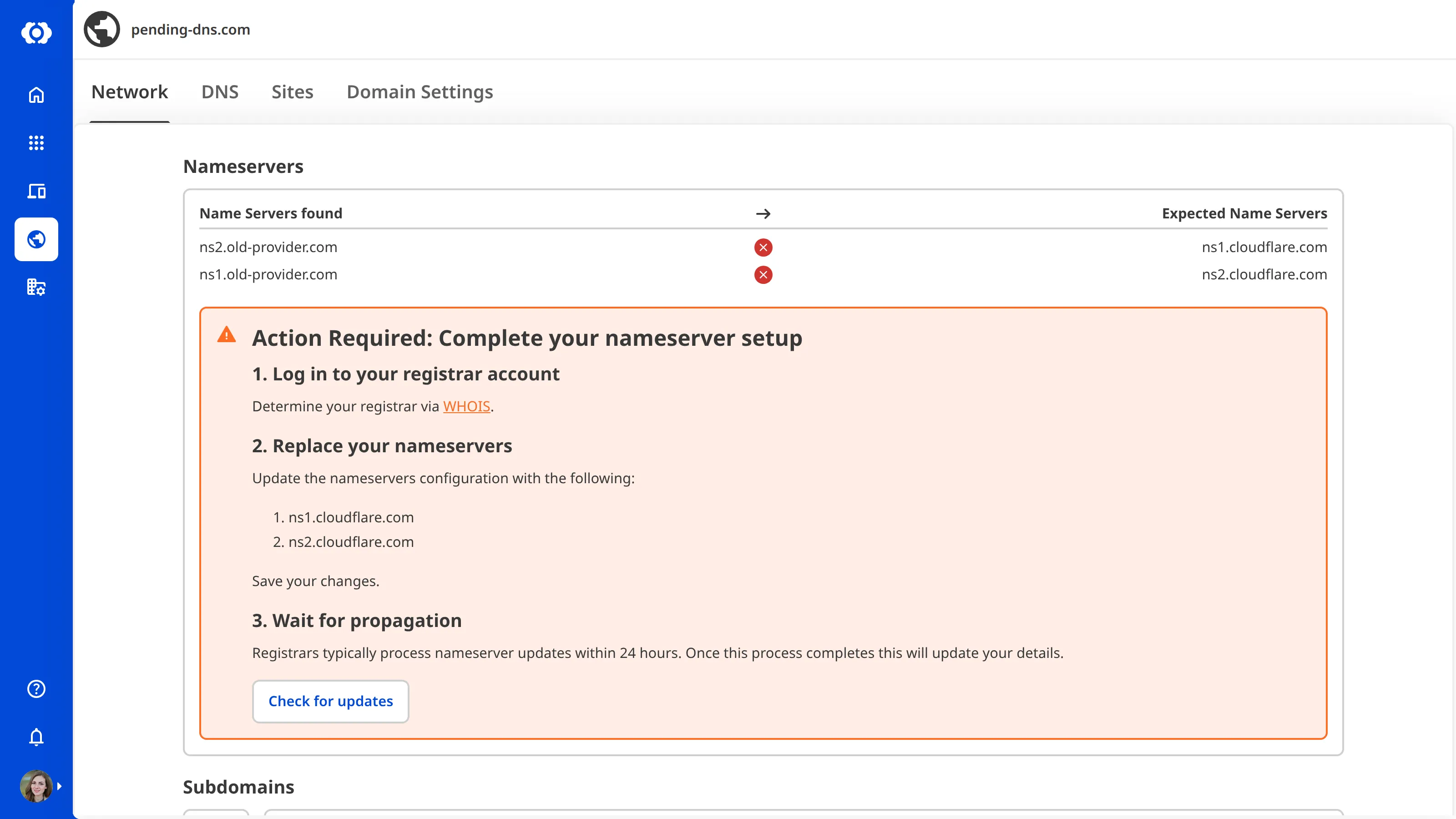 A screenshot of the Domain Network page shows the nameserver setup instructions for a domain with misconfigured nameservers.
