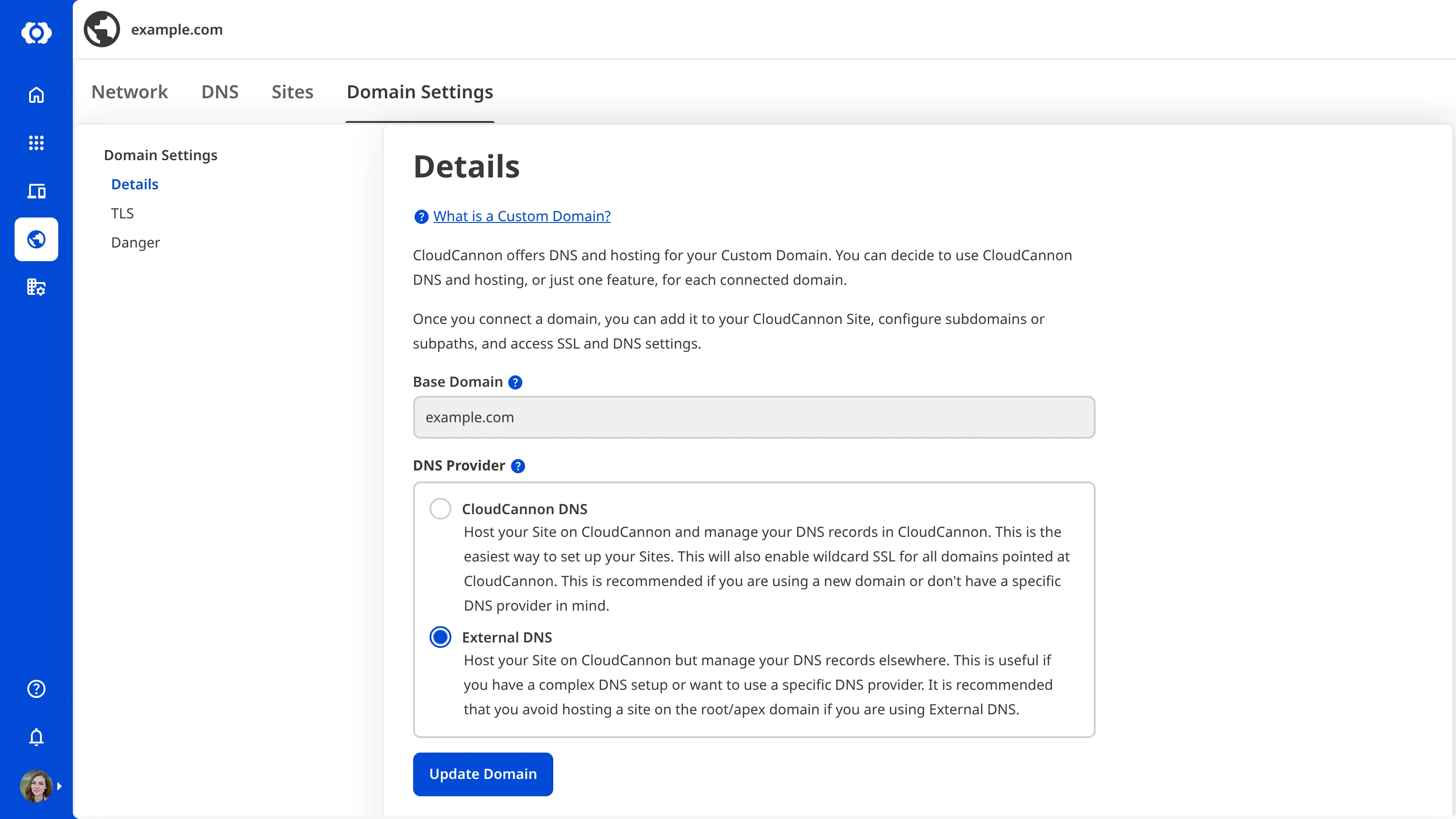 A screenshot of the Domain Settings page shows the DNS Provider dropdown is set to External DNS.