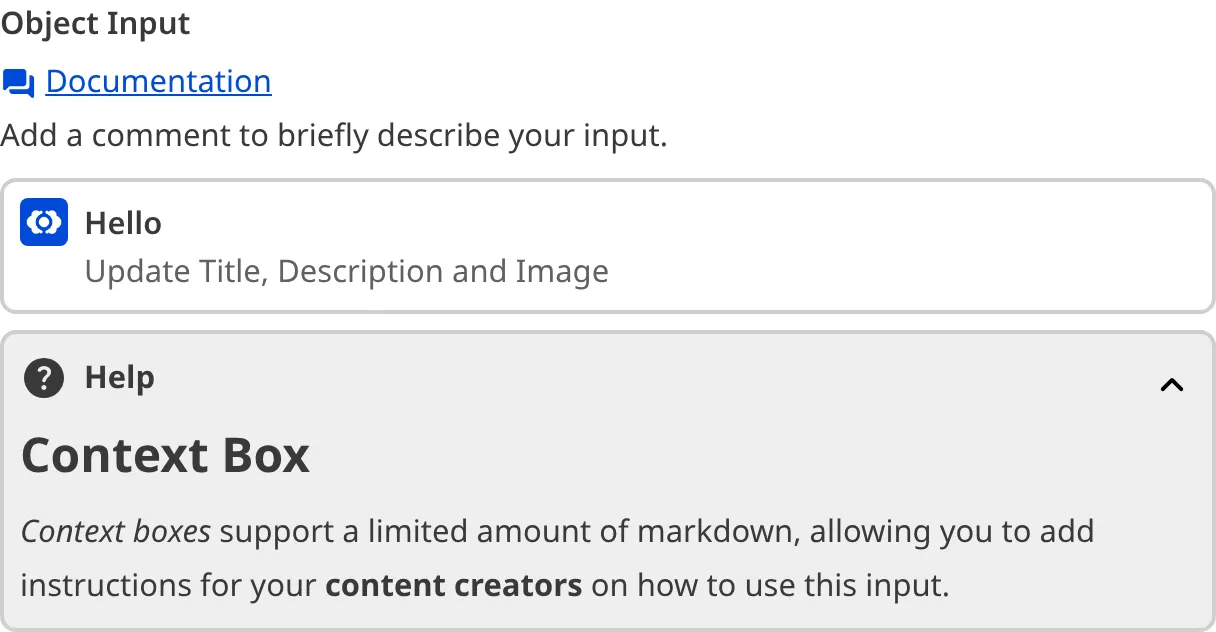 A screenshot of the Object Input in the Data Editor with a Context Box underneath the card.