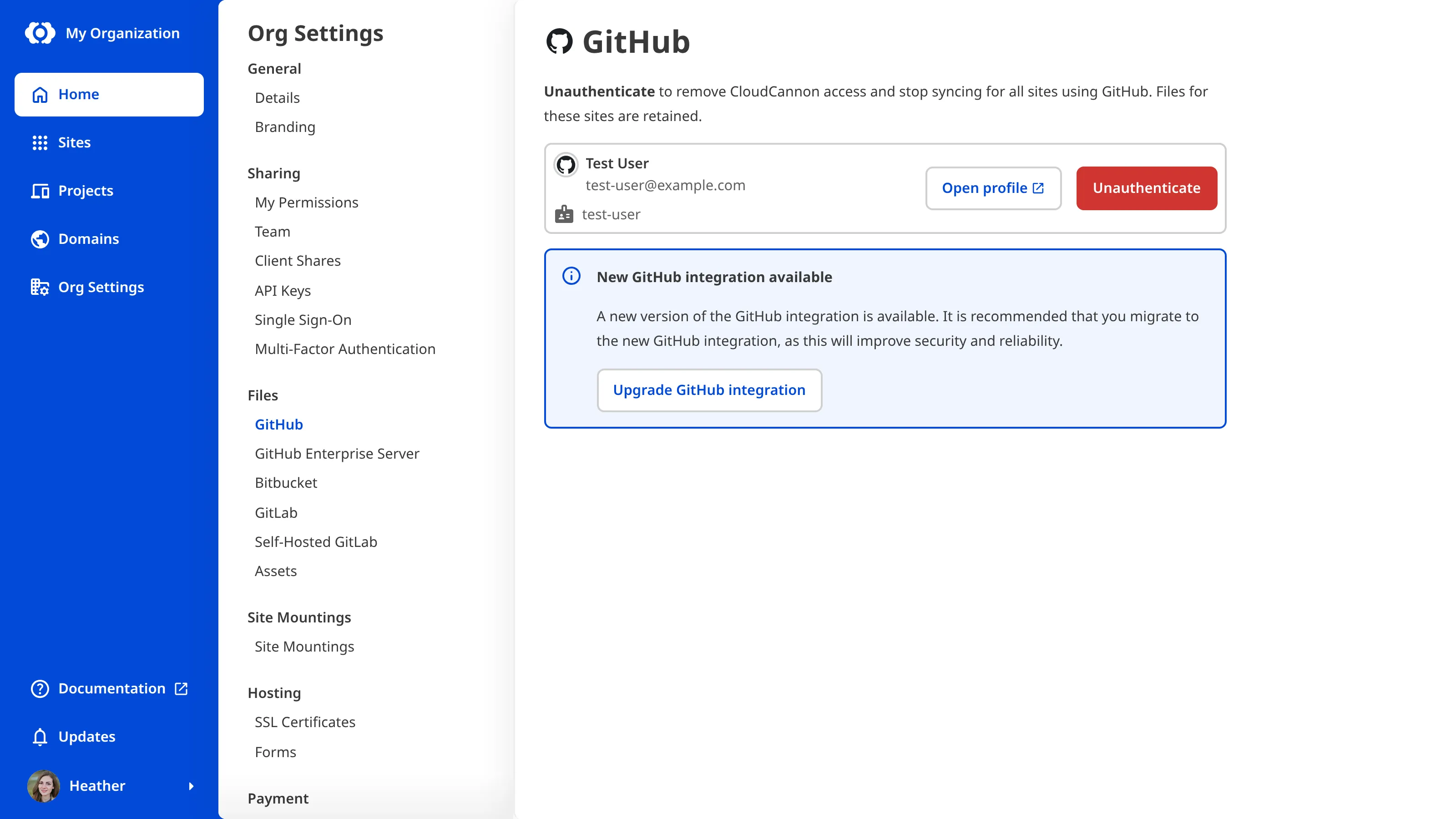 A screenshot of the GitHub Organization Settings page shows a migration banner prompting the user to migrate to the GitHub App integration.