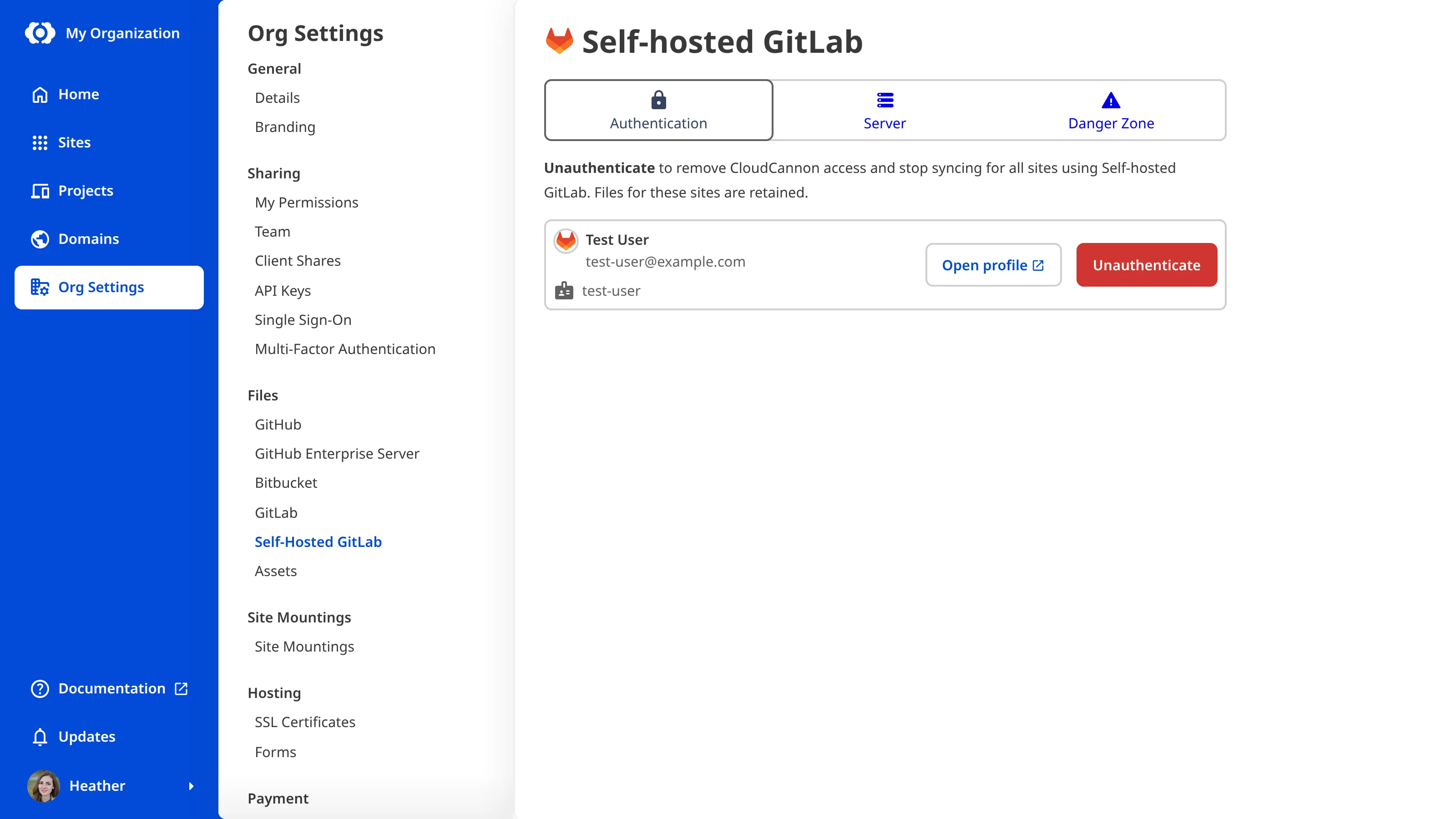 A screenshot of the Organization Settings page for Self-hosted GitLab shows the configured and authenticated state with Authentication, Server, and Danger Zone tabs.