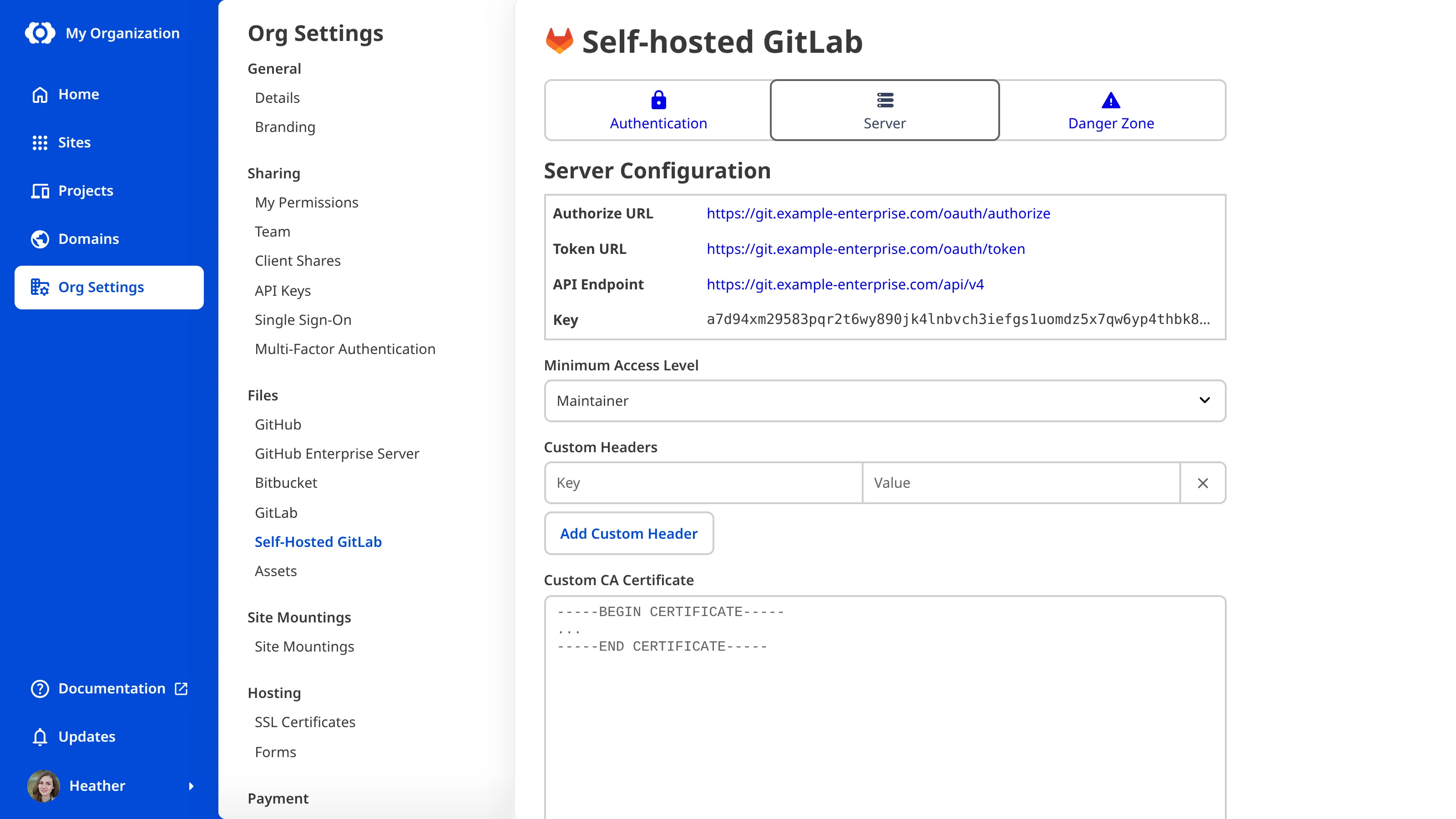 The Self-hosted GitLab Organization Settings Server tab showing options for Minimum Access Level, Custom Headers, and Custom CA Certificate.