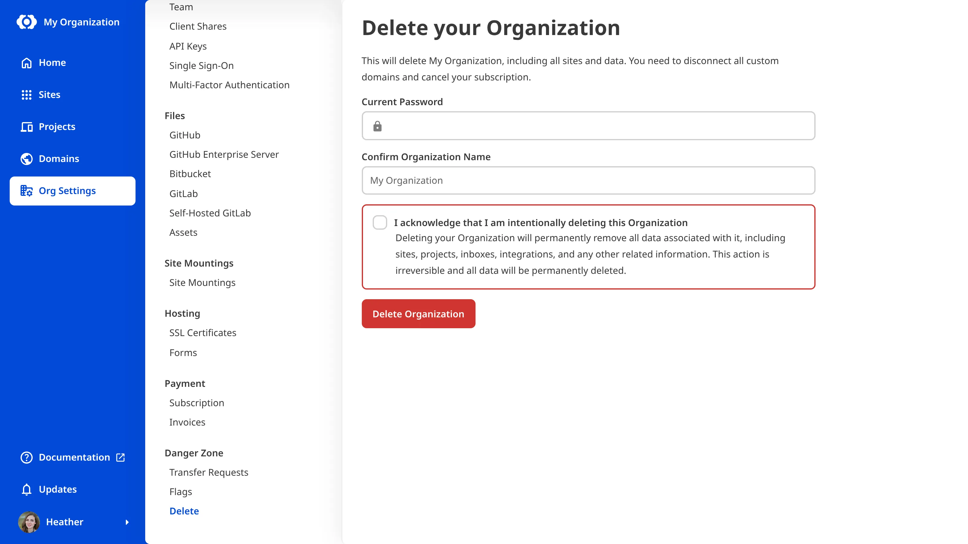 A screenshot of the Delete page in Org Settings shows the Current Password and Confirm Organization Name fields, the acknowledgment checkbox, and the Delete Organization button.