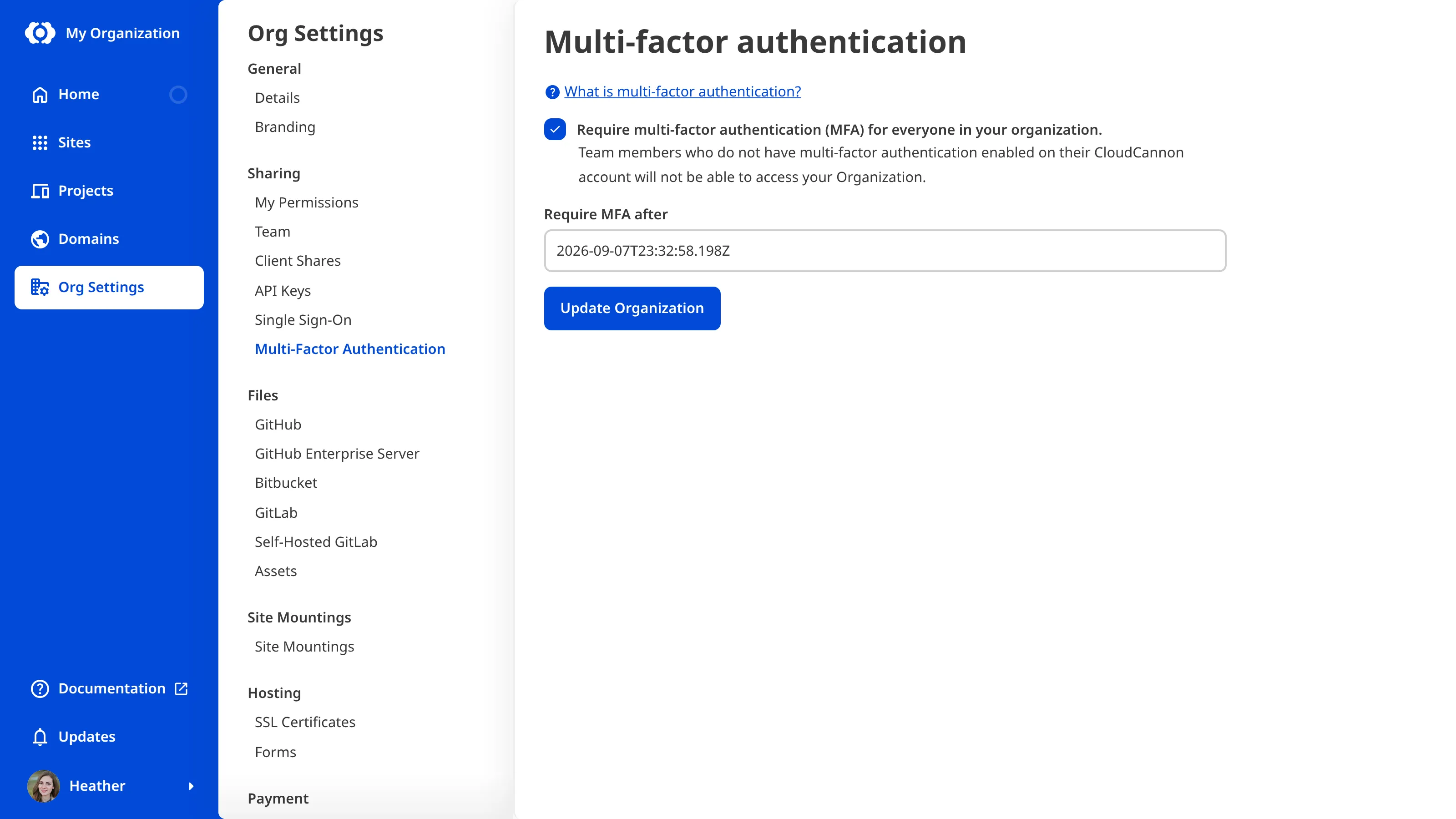 The Multi-factor Authentication page A screenshot of the Multi-factor Authentication page shows a checkbox and date field for enforcing MFA.