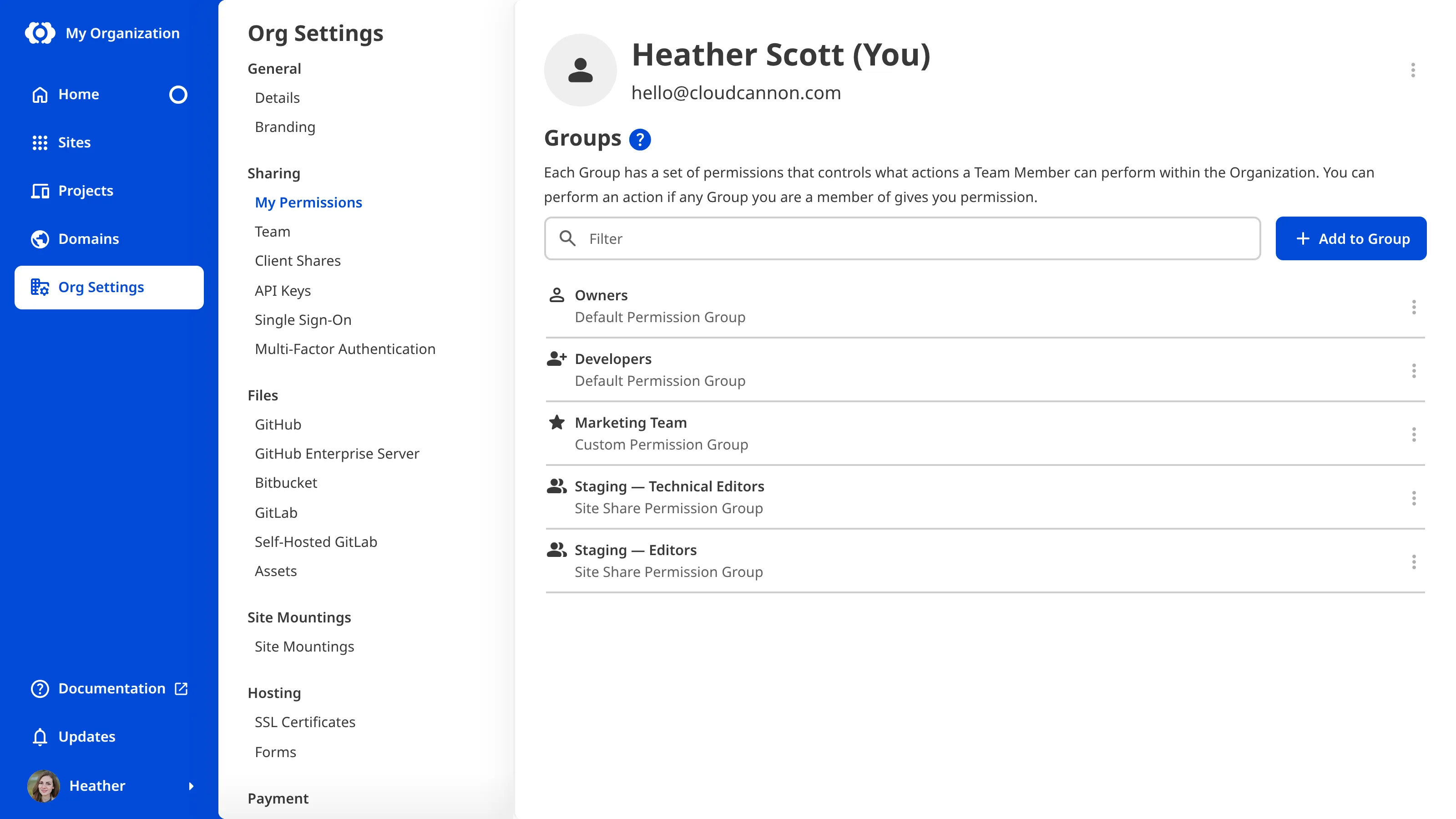 A screenshot of the My Permissions page shows which Permission Groups a Team Member belongs to and the Leave Organization button.