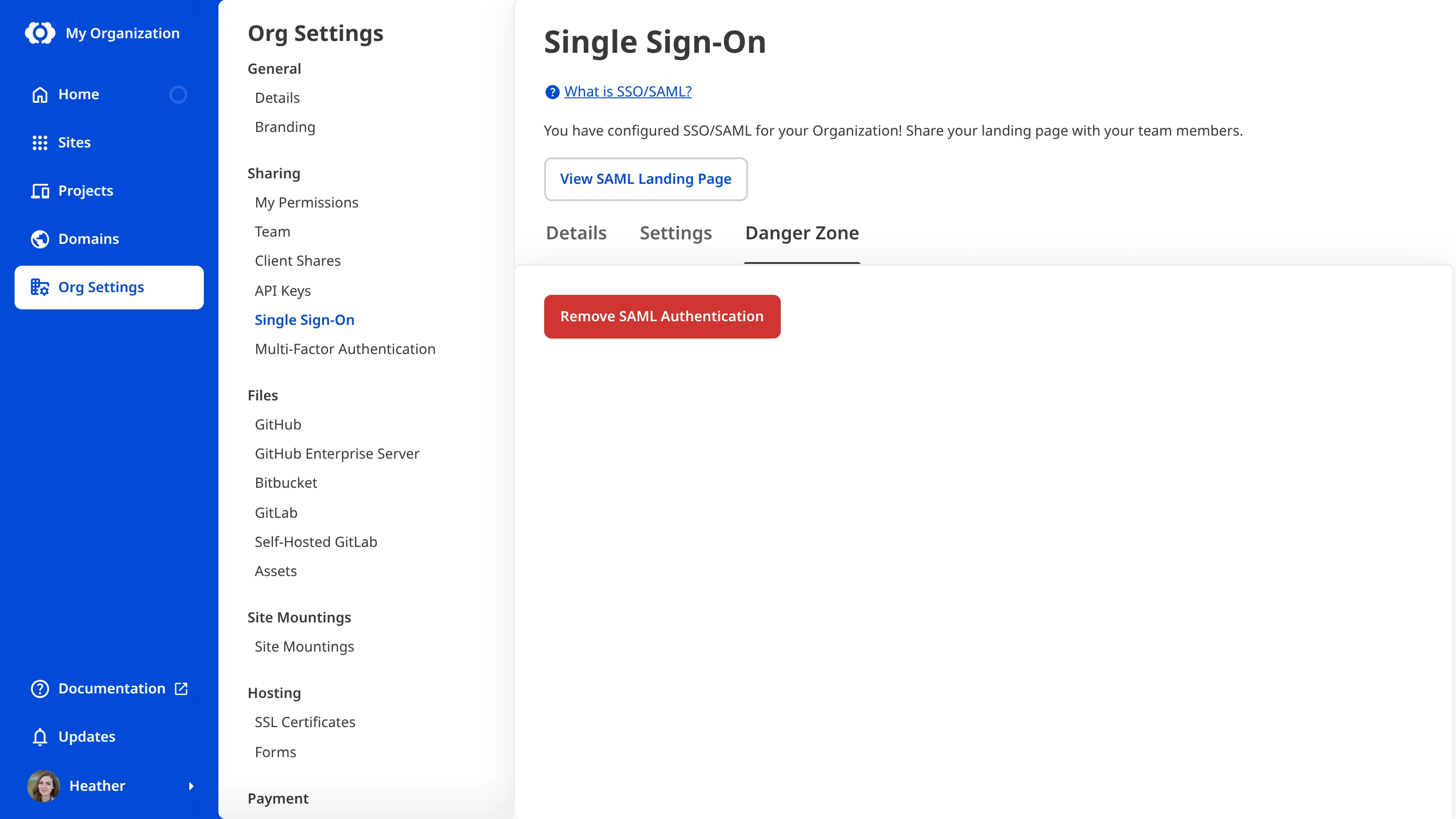 The Single Sign-On page A screenshot of the Danger Zone Tab on the Single Sign-On page shows the Remove SAML Authentication button.