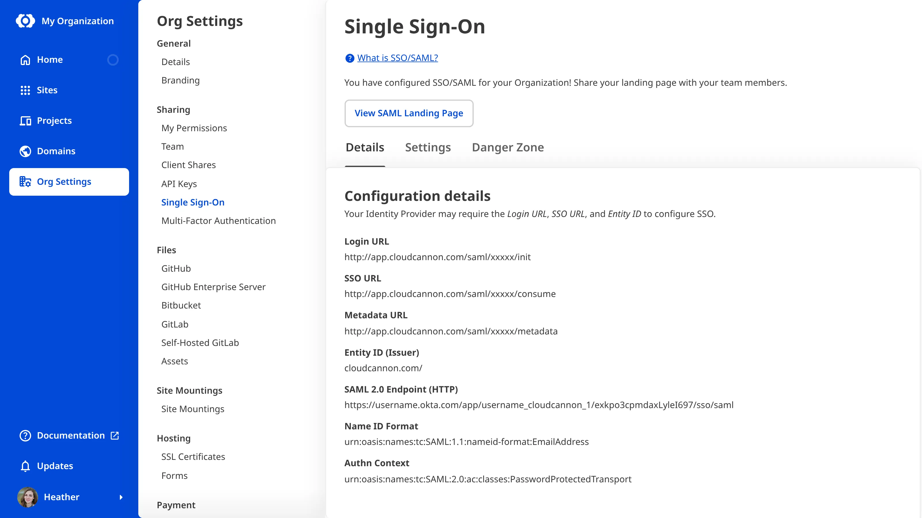 The Single Sign-On page A screenshot of the Details Tab on the Single Sign-On page shows the details of your SSO configuration.