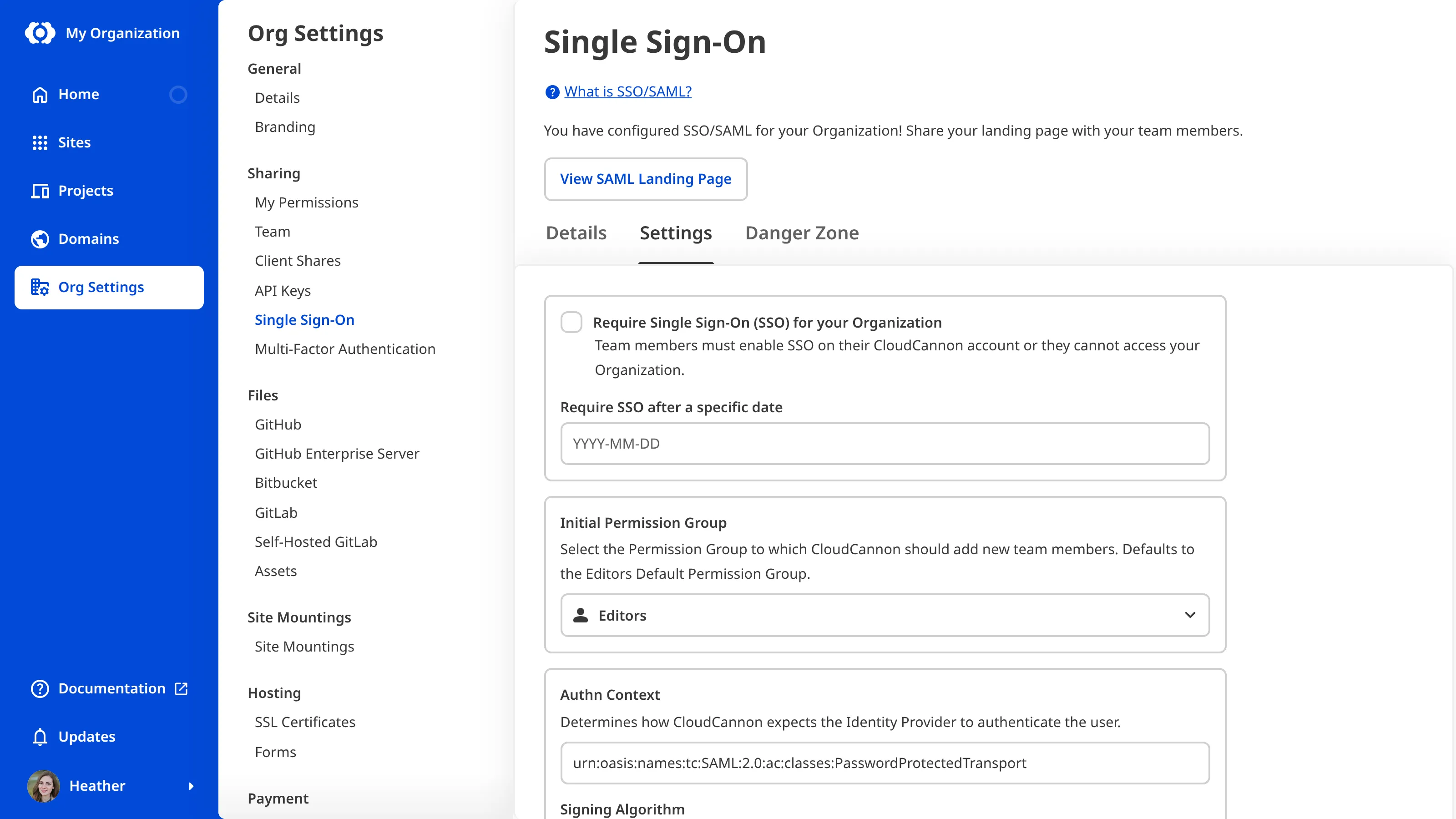 The Single Sign-On page A screenshot of the Settings Tab on the Single Sign-On page shows the Require Single Sign-On (SSO) for your Organization checkbox.