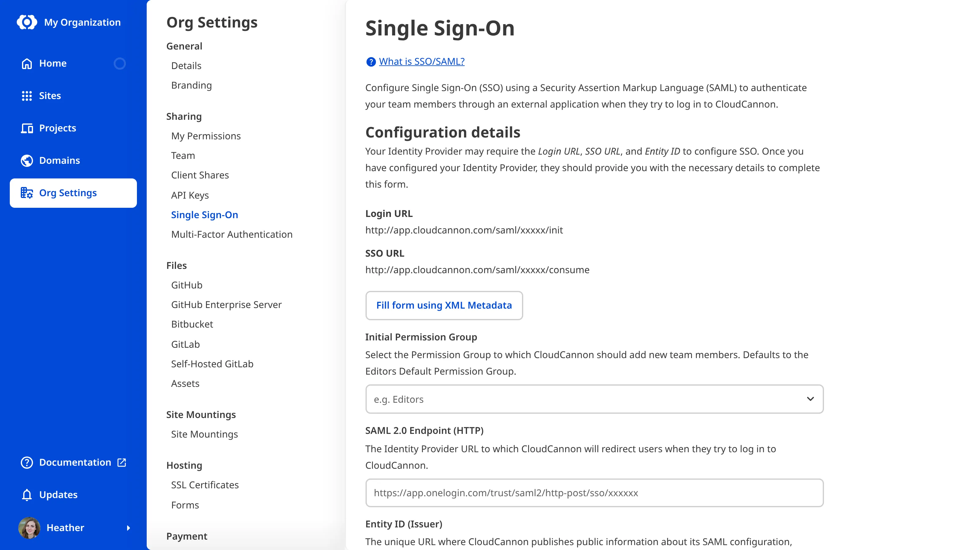 The Single Sign-On page A screenshot of the Single Sign-On page shows the configuration details for initial set up of your Identity Provider.