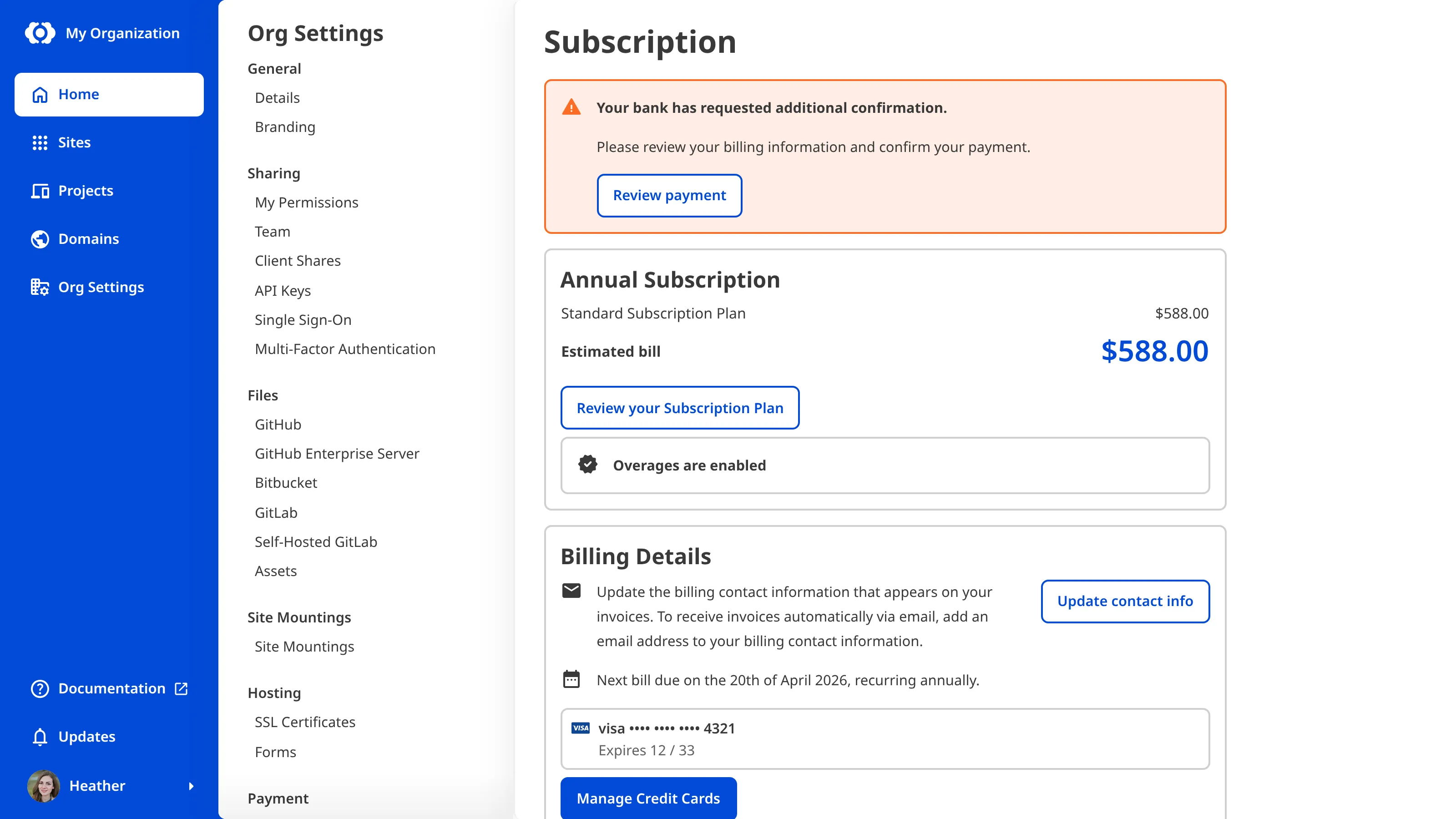 A screenshot of the Subscription page shows a payment warning banner requesting additional confirmation to activate your subscription.
