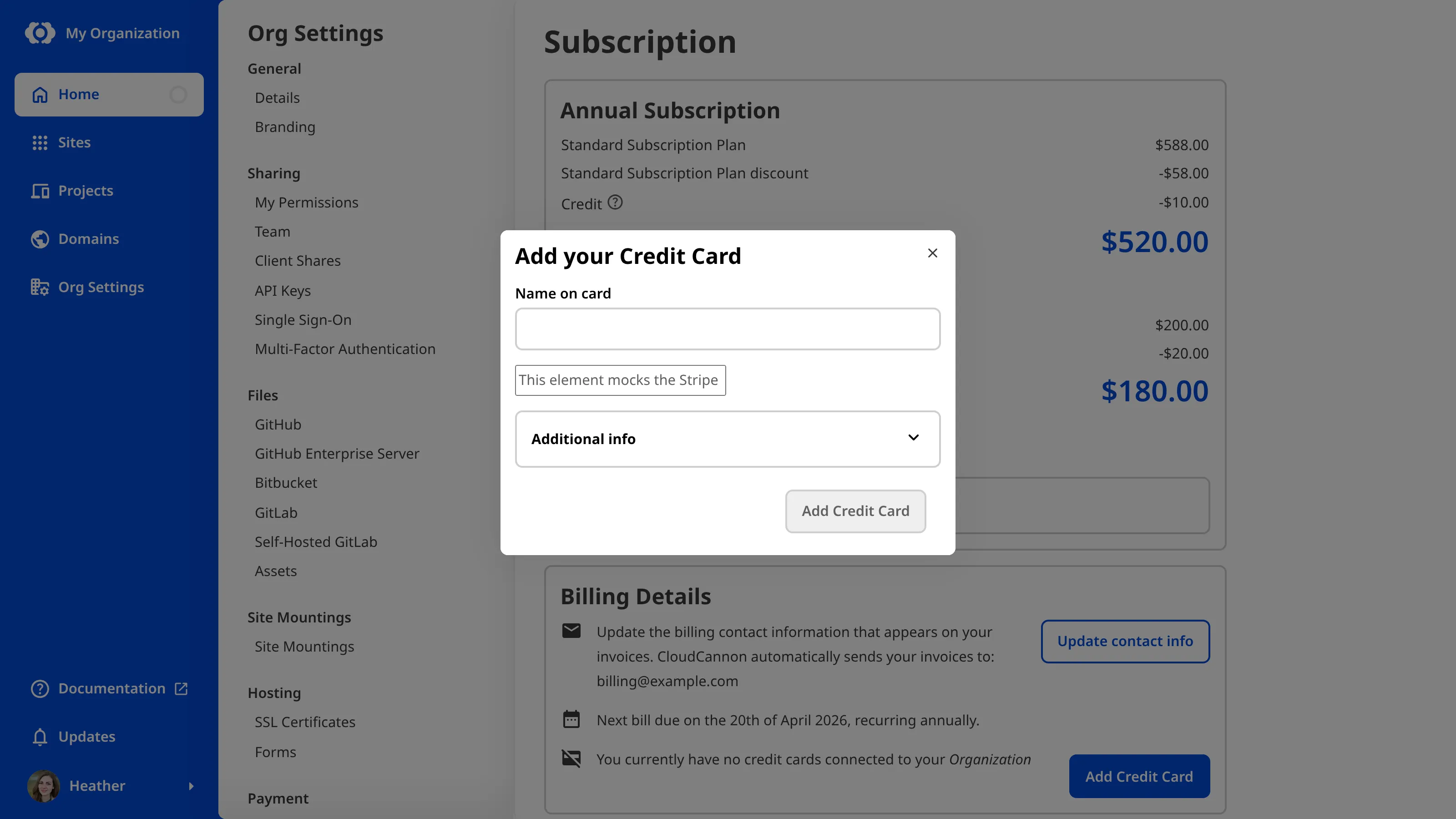 A screenshot of the Add your Credit Card modal in CloudCannon, showing fields for the name on the card, additional information, and address.