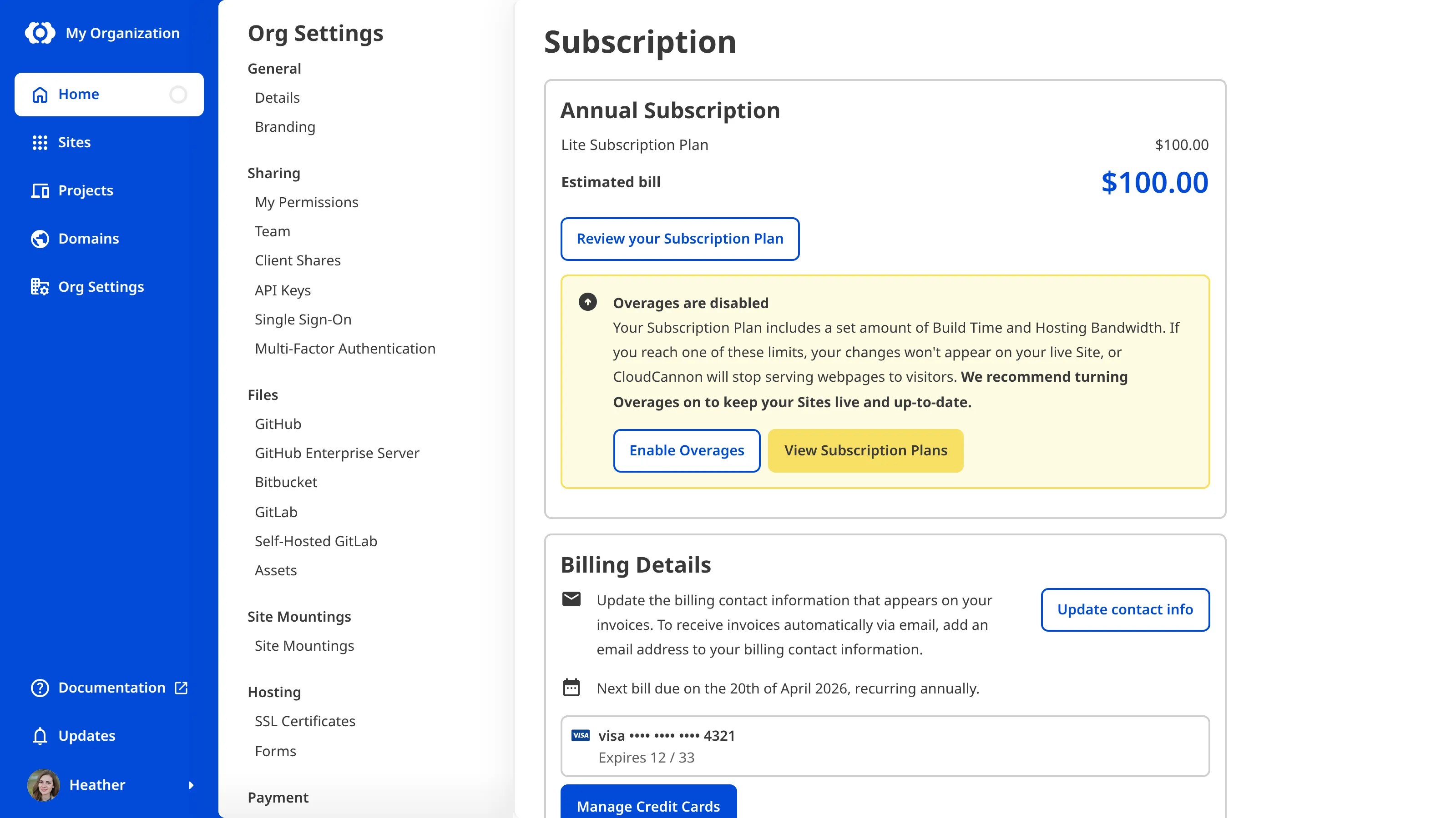A screenshot of the Subscription page shows the Overages disabled warning, explaining that reaching your Build Time or Hosting Bandwidth limit stops changes going live and takes Sites offline, with an Enable Overages button.