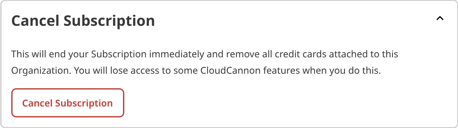 A screenshot of the Cancel Subscription section on the Subscription page shows the expanded section with the Cancel Subscription button.