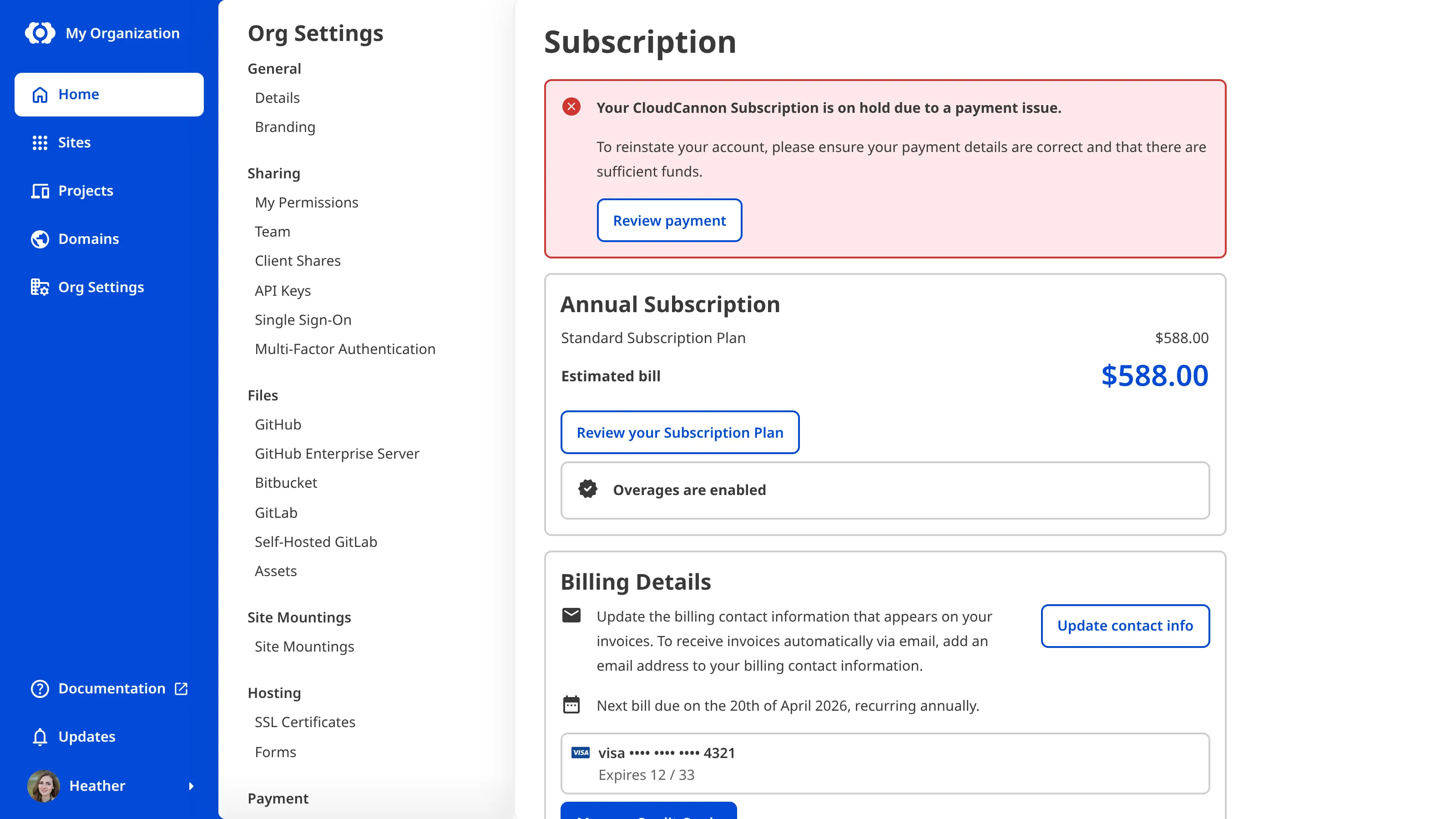 A screenshot of the Subscription page shows a banner explaining the subscription is on hold due to a failed payment.