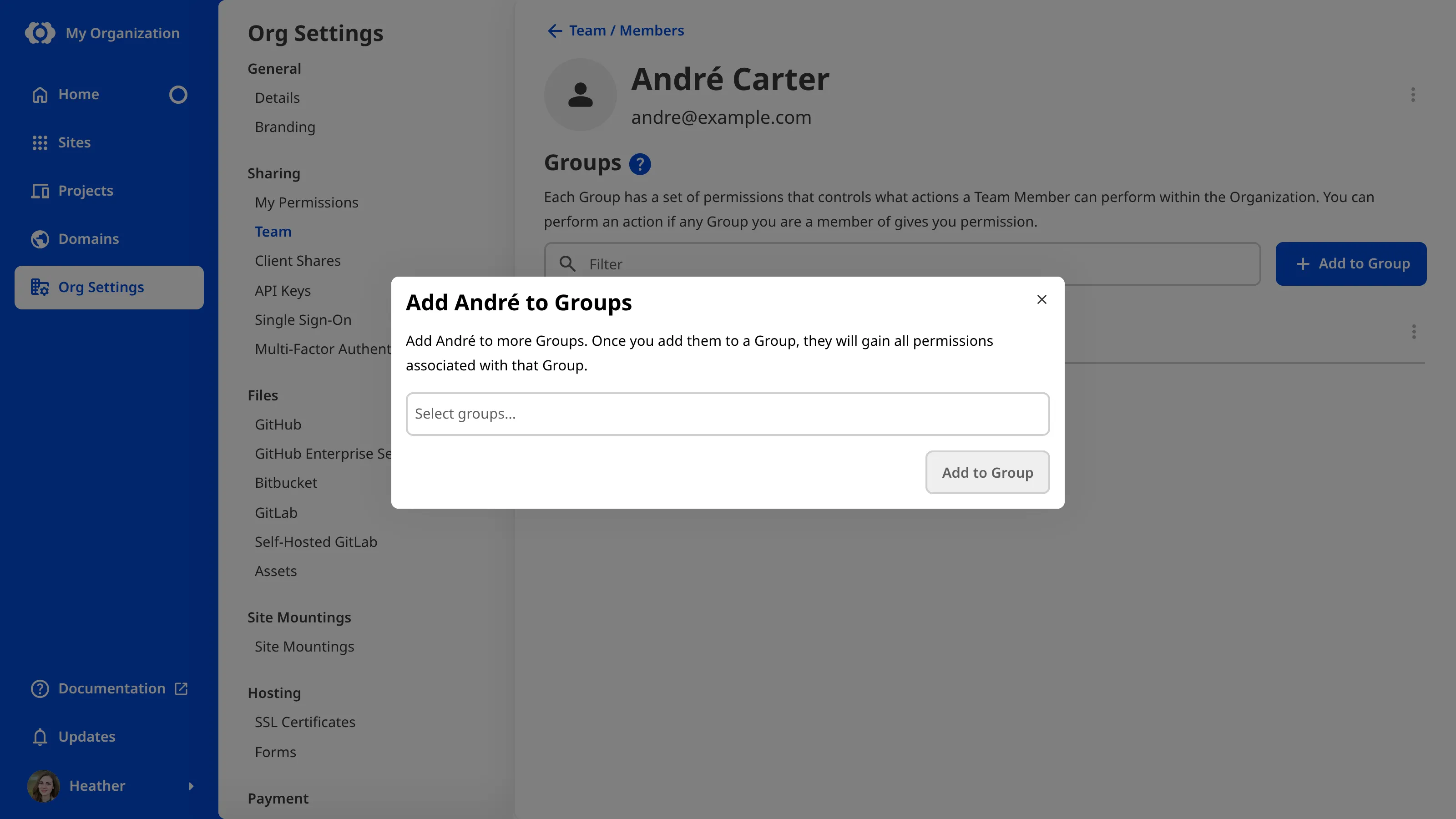 A screenshot of the Team Member page shows the modal for adding a Team Member to Permission Groups, with a Permission Groups field.