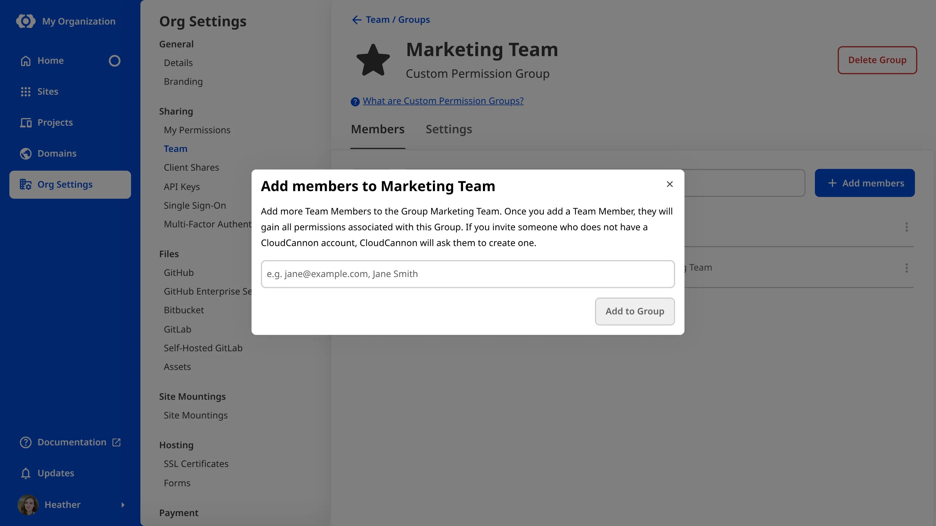 A screenshot of the Developers Permission Group page shows the Add members to Developers modal with a field for names.