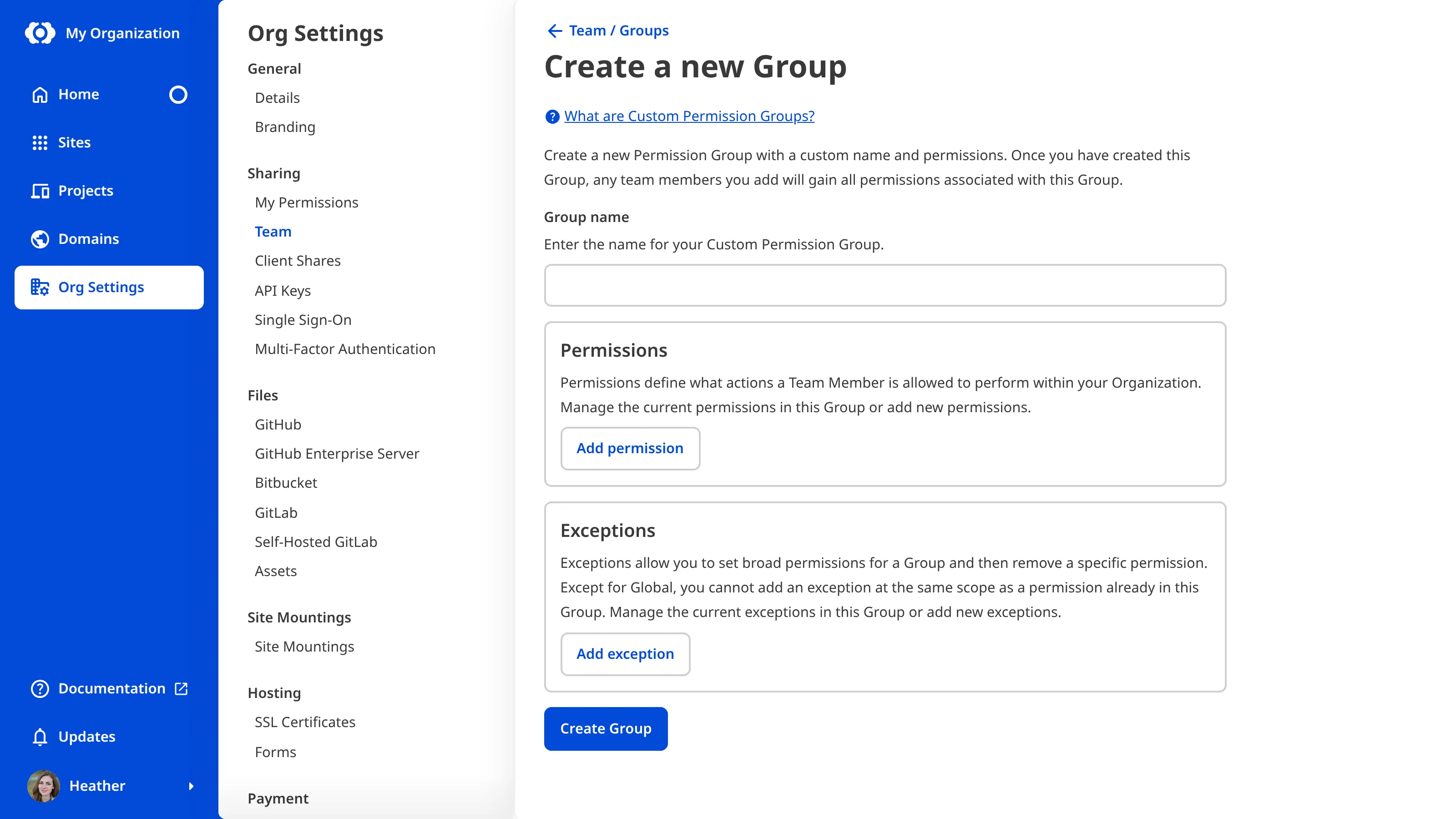 A screenshot of the Create A New Group page shows the options to add a name, permissions, and exceptions to a Custom Permission Group.