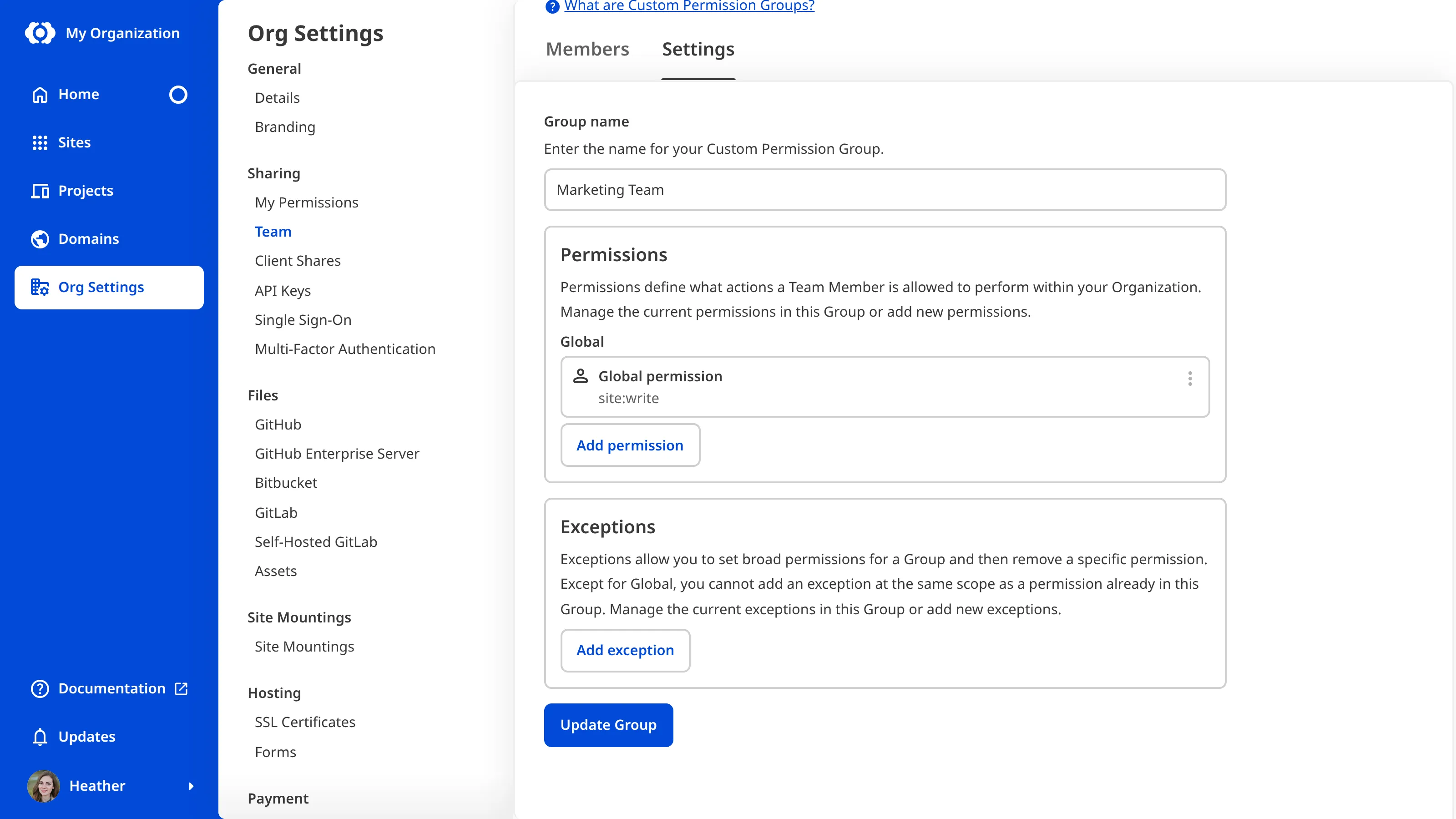 The Custom Permission Group Settings tab A screenshot of the Custom Permission Group Settings tab, scrolled down to show the Add exception button.
