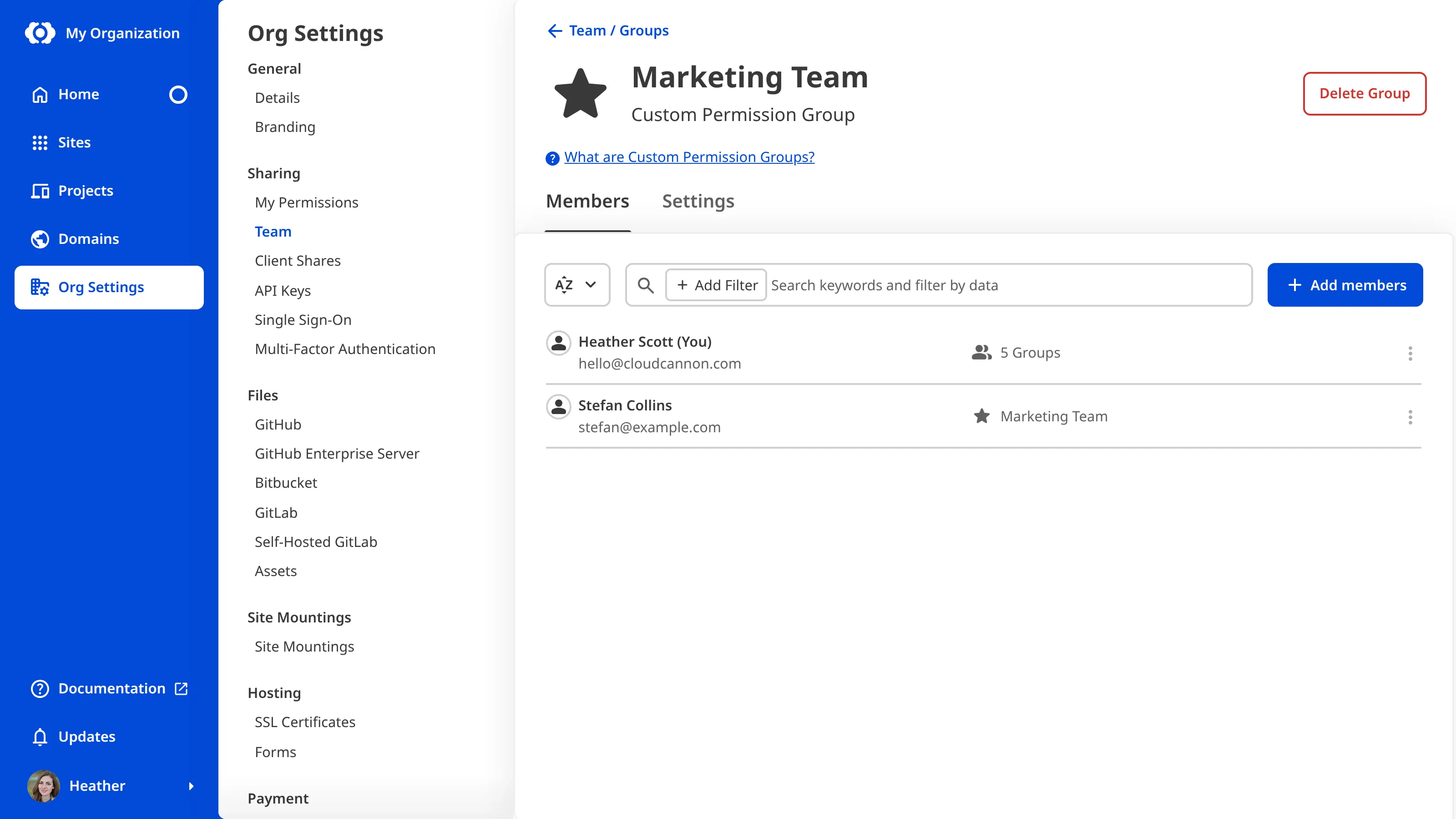 The Marketing Team Custom Permission Group page A screenshot of the Marketing Team Custom Permission Group page shows the Delete Group button.