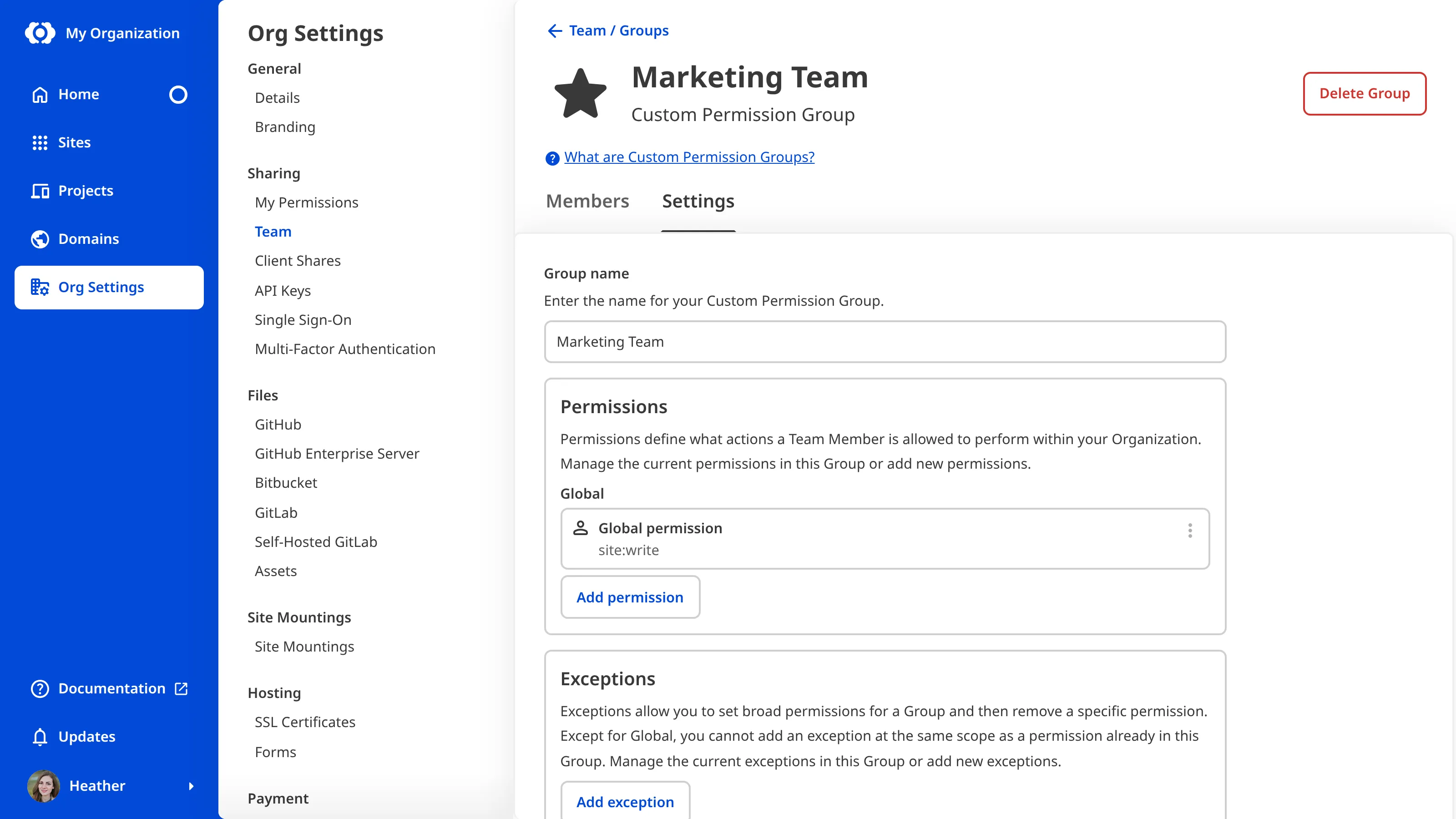 The Marketing Team Permission Group page A screenshot of the Marketing Team Permission Group page shows permissions and the Add Permission button.