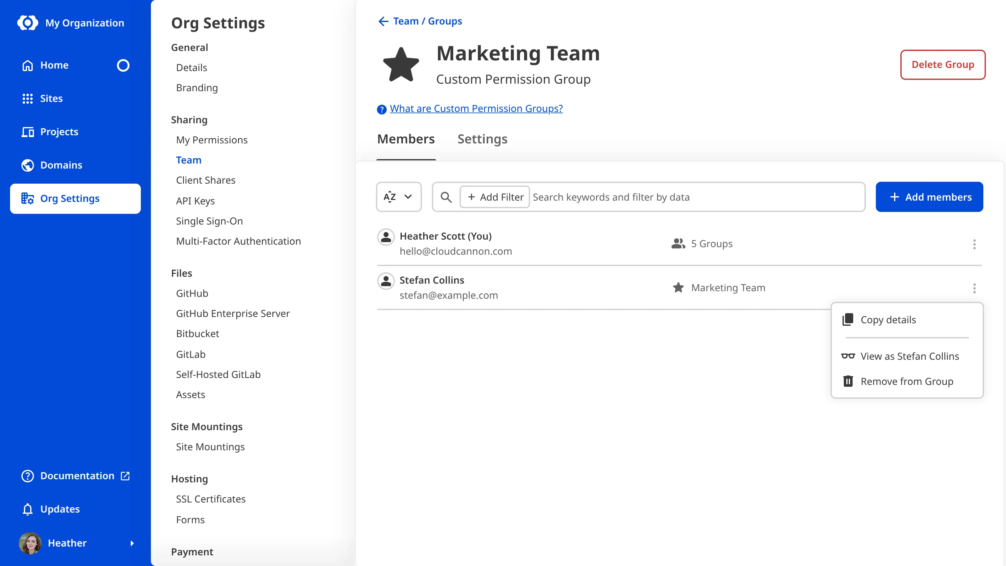 A screenshot of the Editors Permission Group page shows the Context Menu for a Team Member with the option to Remove from Group.