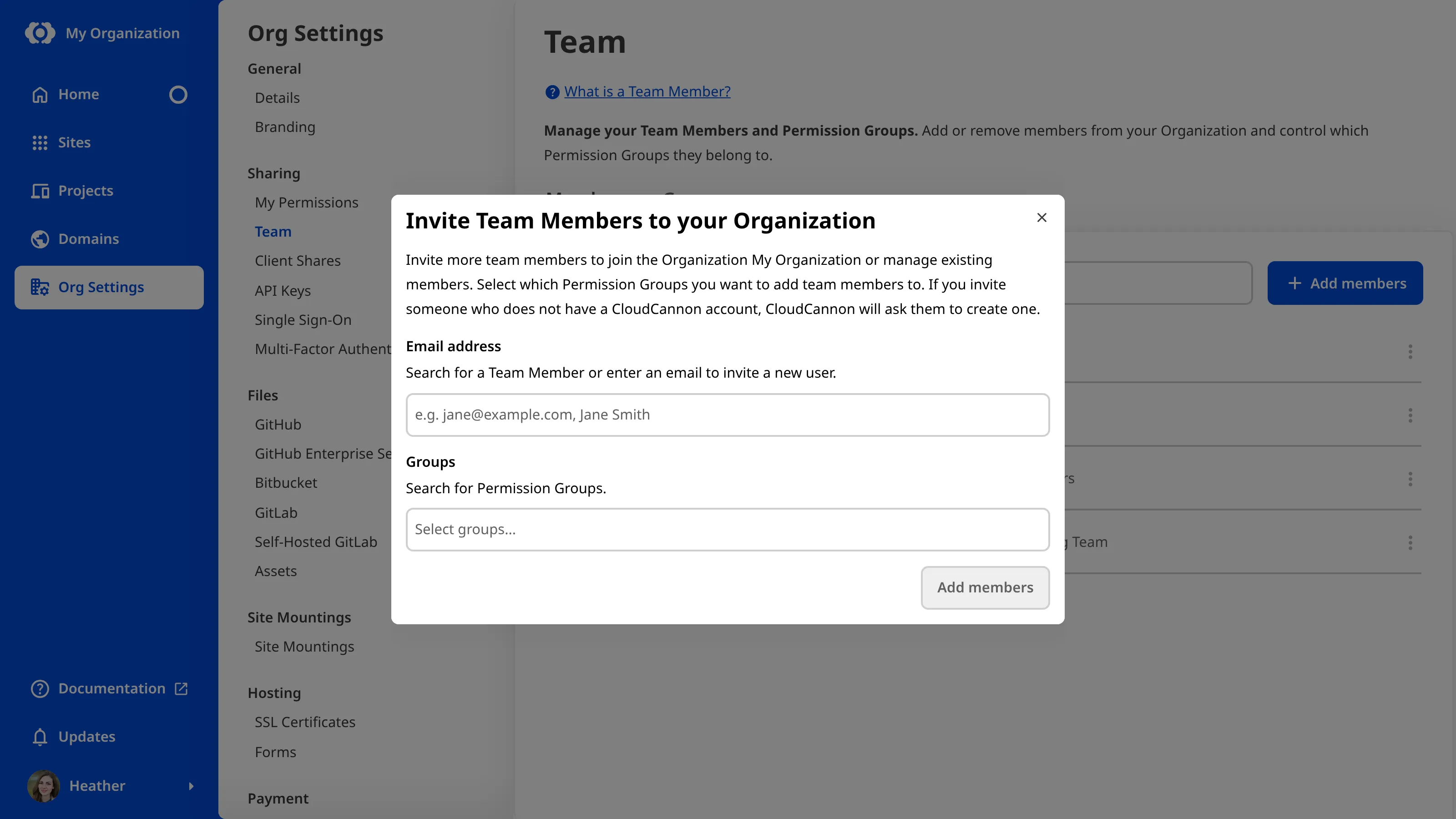 A screenshot of the Team page shows the Invite team members modal with two fields for email addresses and Permission Groups.