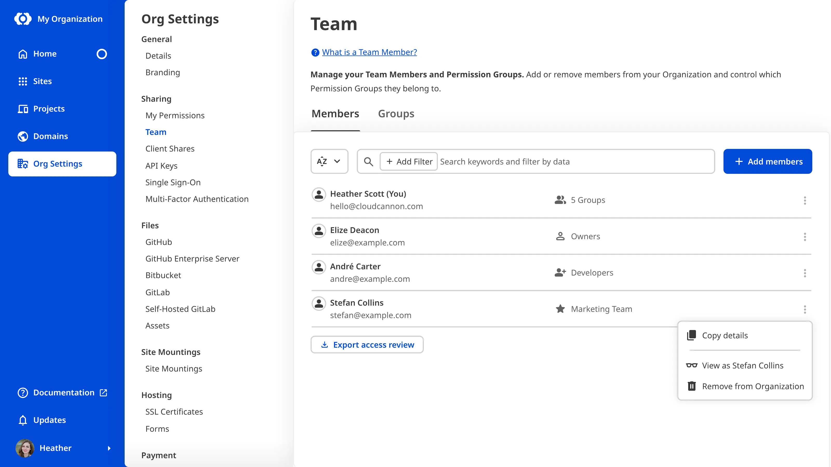 A screenshot of the Team page shows a Team Member's context menu open, with the View as option listed alongside Copy details and Remove from Organization.