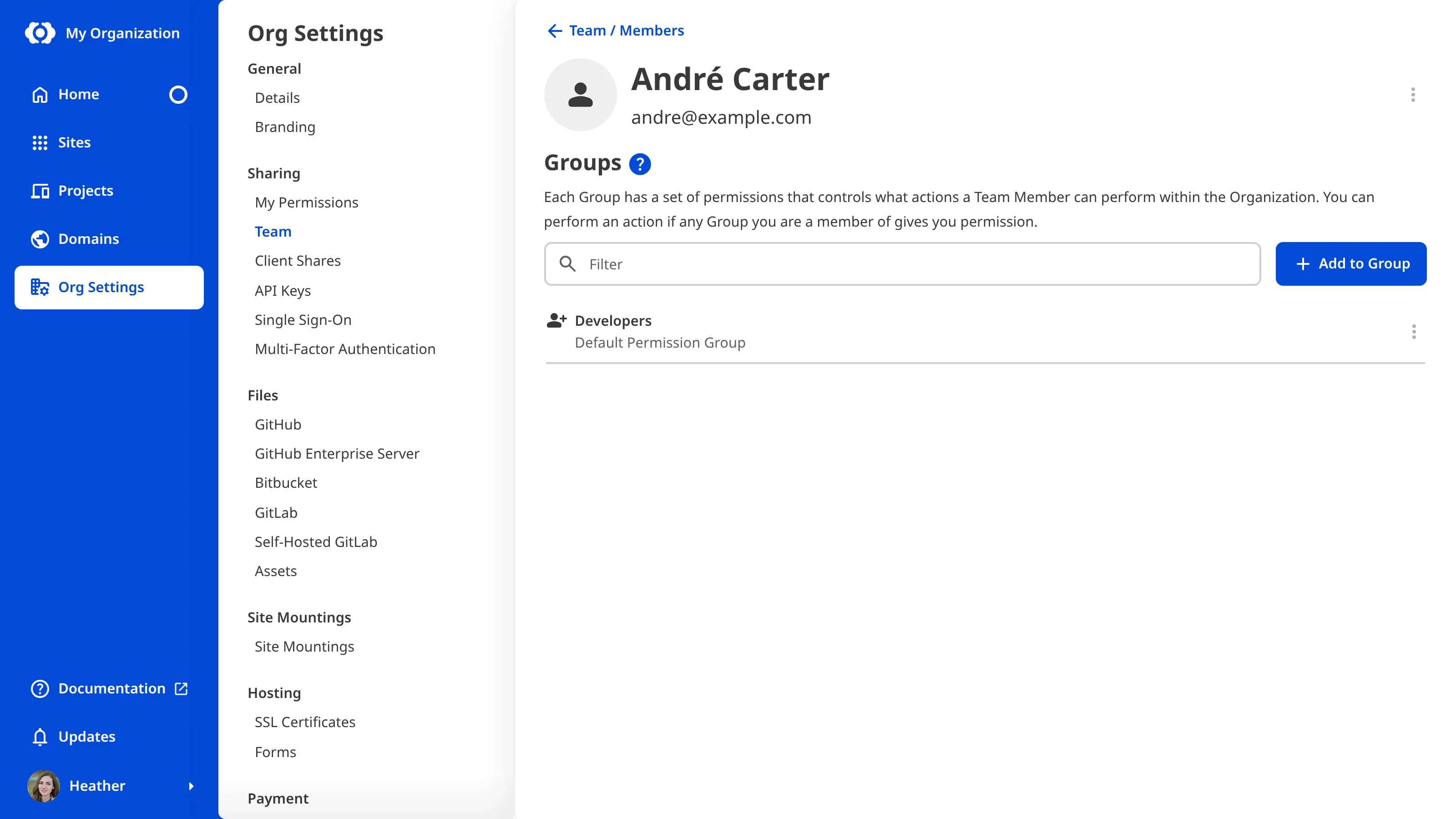 A screenshot of the Team Member page shows one Permission Group and the Remove from Organization button.