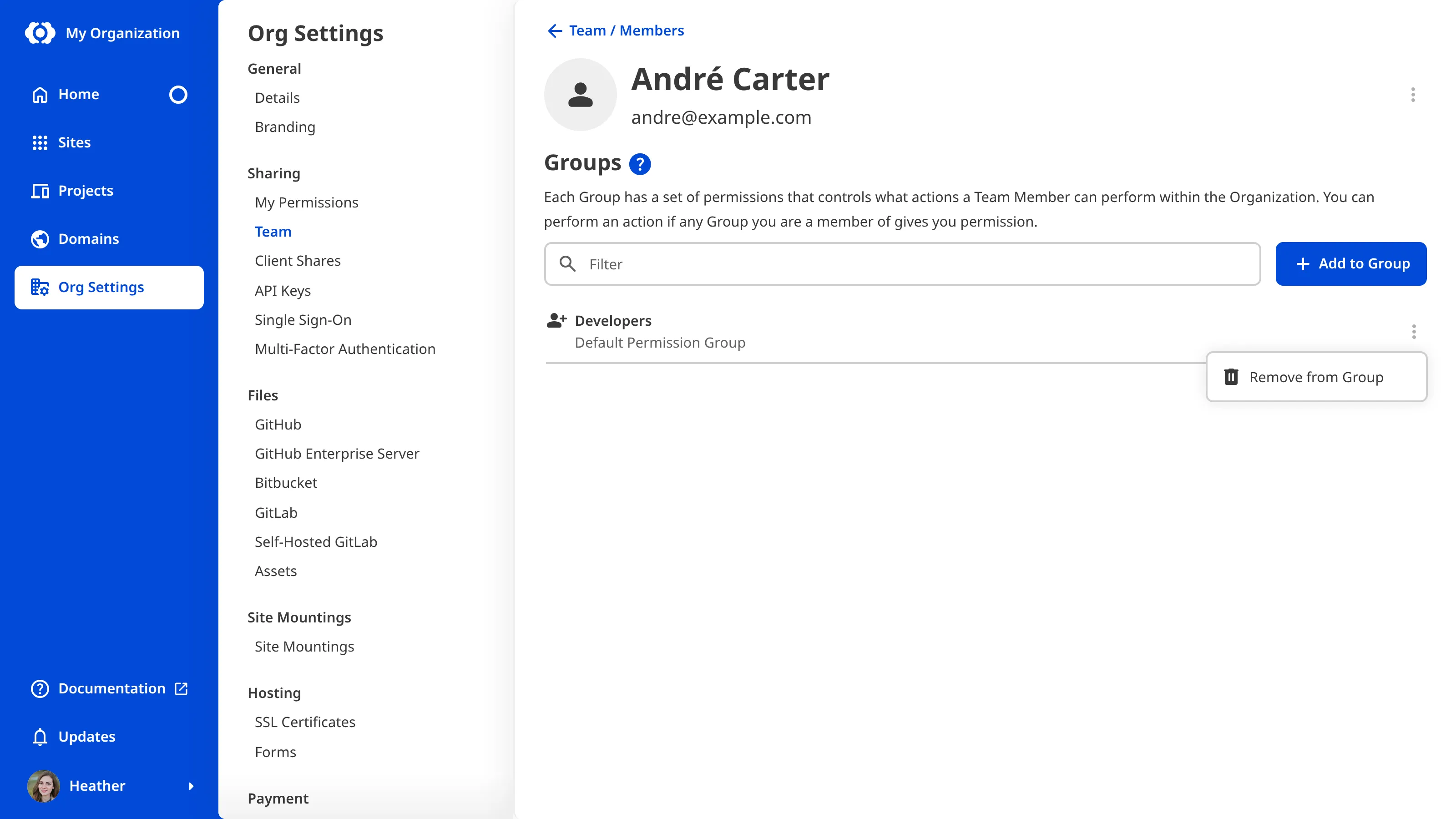 A screenshot of the Team Member page shows the Context Menu for a Permission Group with the option to Remove from Group.