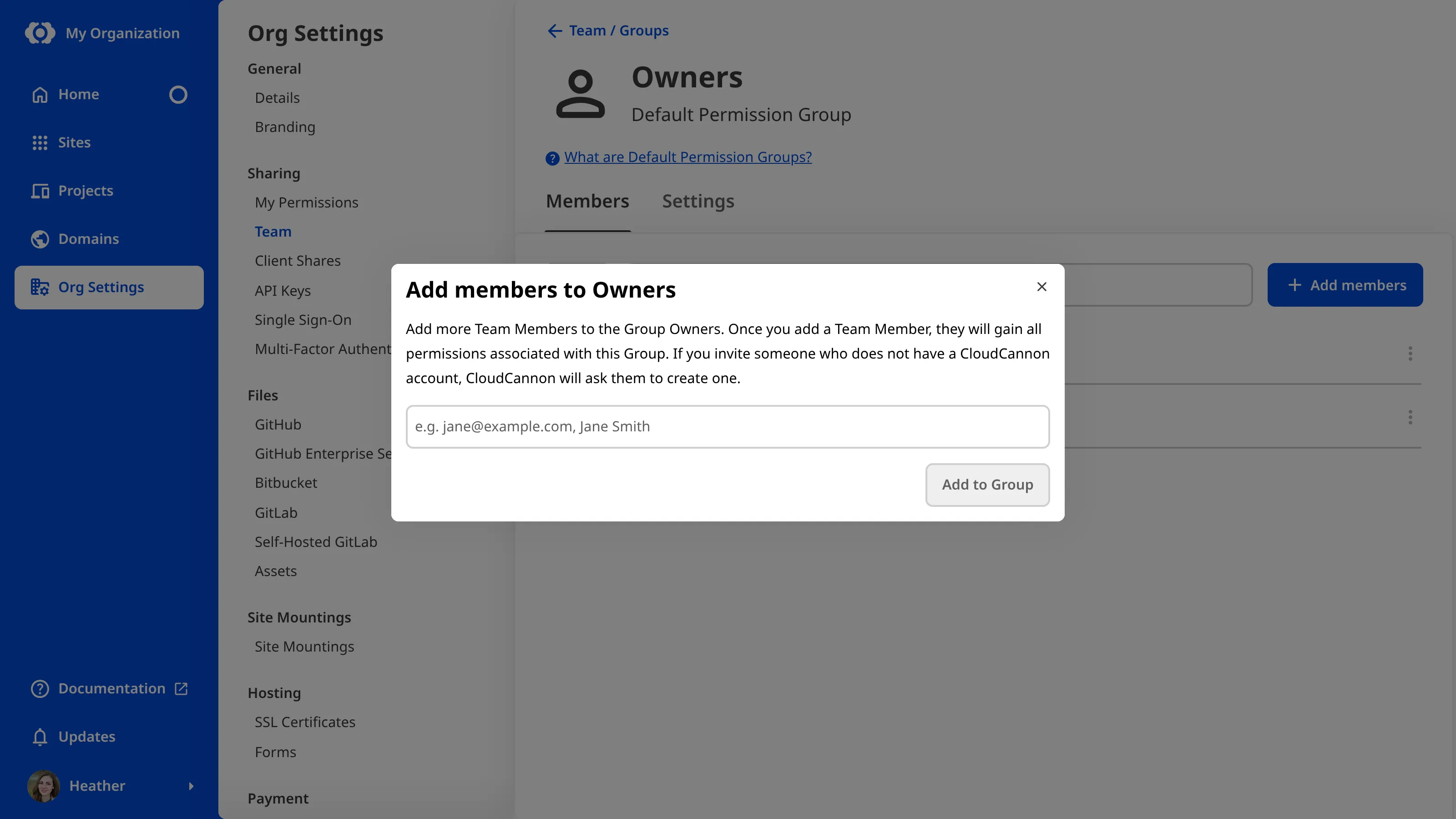 A screenshot of the Add members modal for the Owners group in Org Settings shows a field for selecting team members to add and the Add to Group button.
